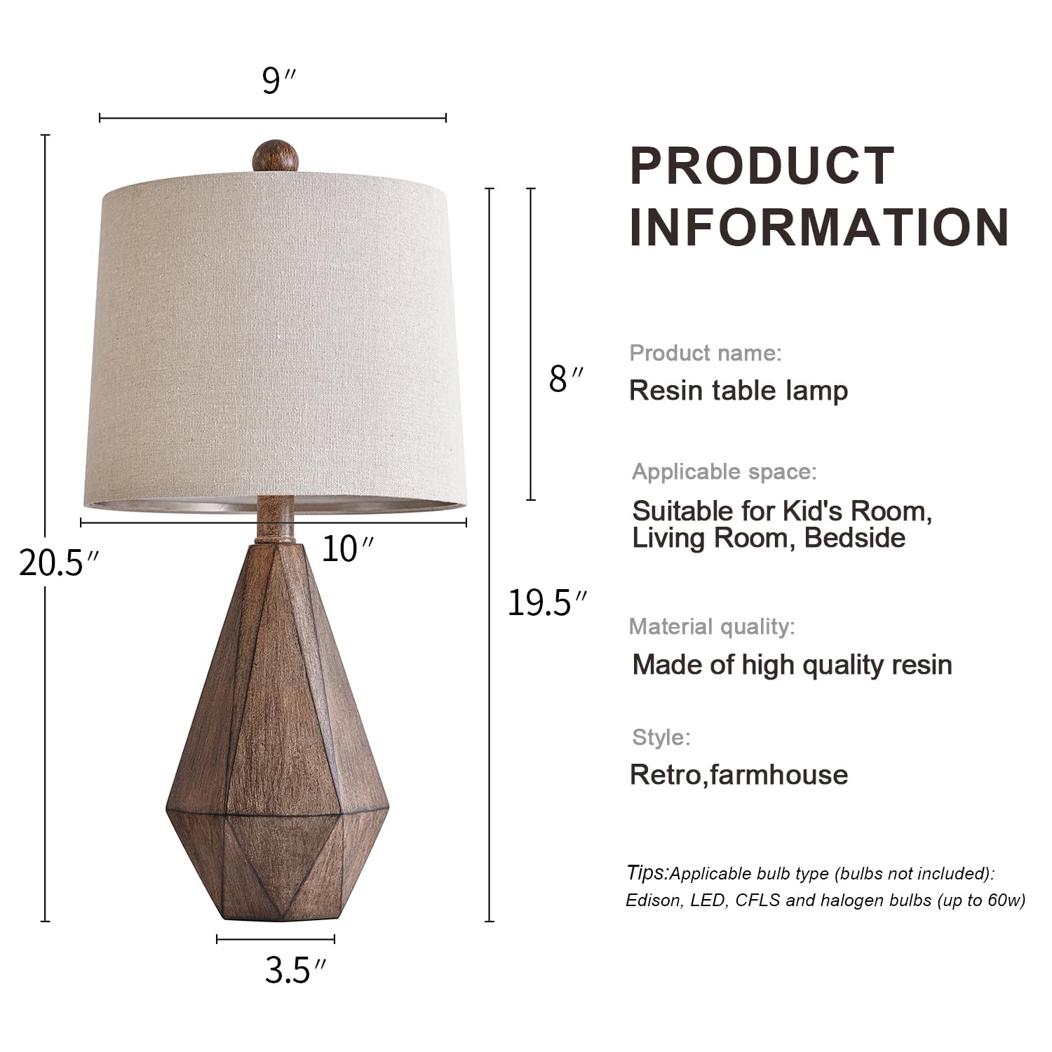 Pokat 20.25" Retro Farmhouse Table Lamp Set Of 2 - Living Room & Bedroom Rustic Linen Bedside Nightstand Lamps For Kids, Study, Office - Resin, Suitable For Small Places