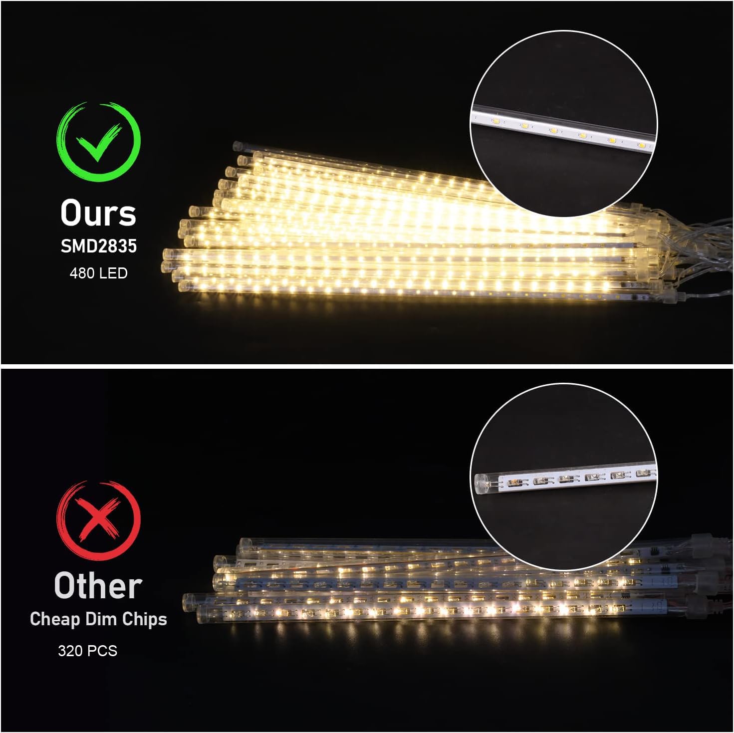 Ygloworm Christmas Lights Outdoor Icicle Lights Meteor Shower 20 Inches Rain Light For Tree Courtyard Garden Porches Window,Wedding Party, Warm White 10 Tubes 480 Led