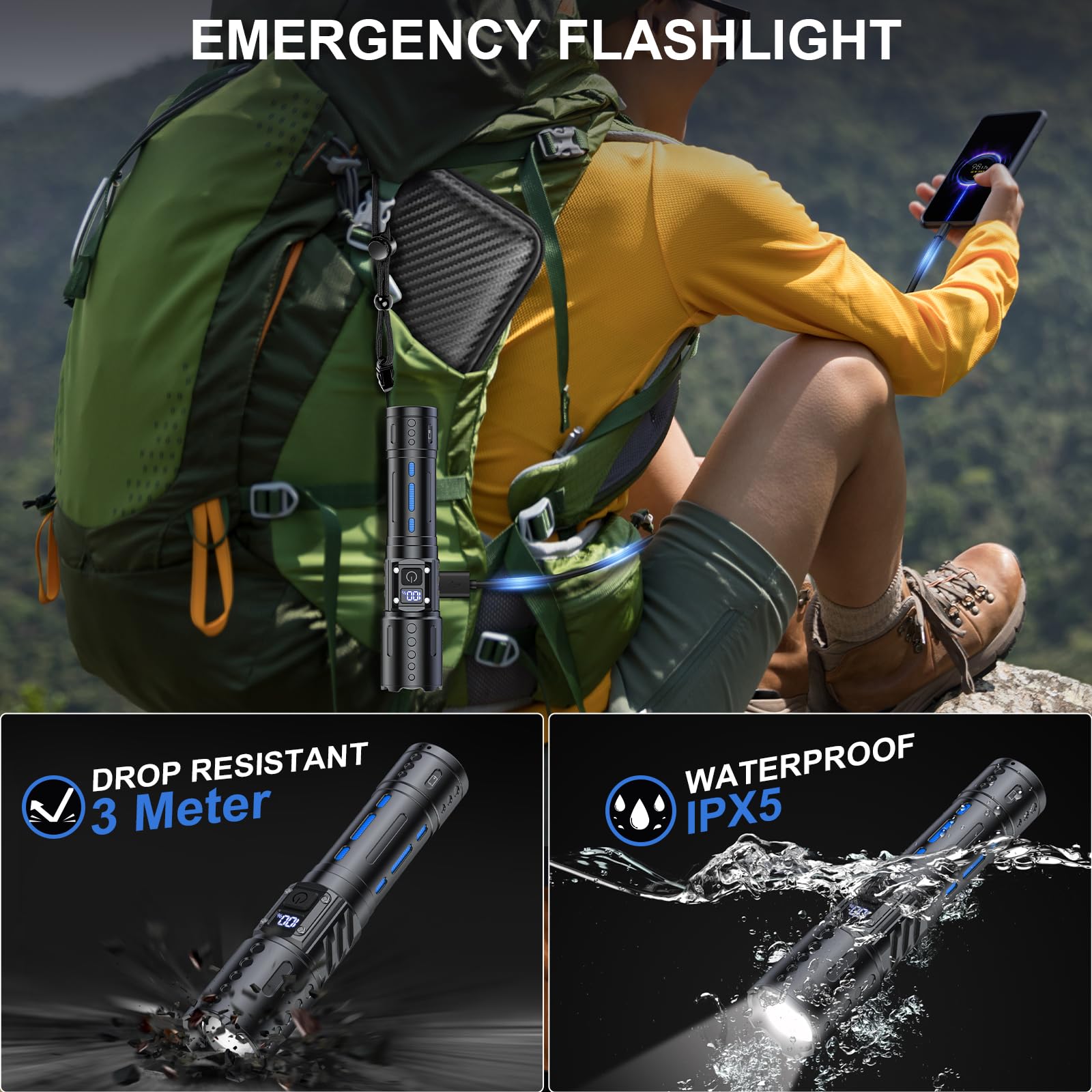 Banral Flashlights High Lumens Rechargeable - 20,000 Lumens Super Bright Tactical Led Flash Light, Dimmable&Memory Function Powerful Waterproof Flashlight For Camping,6 Modes,Zoomable,Lcd Display (1, Black)