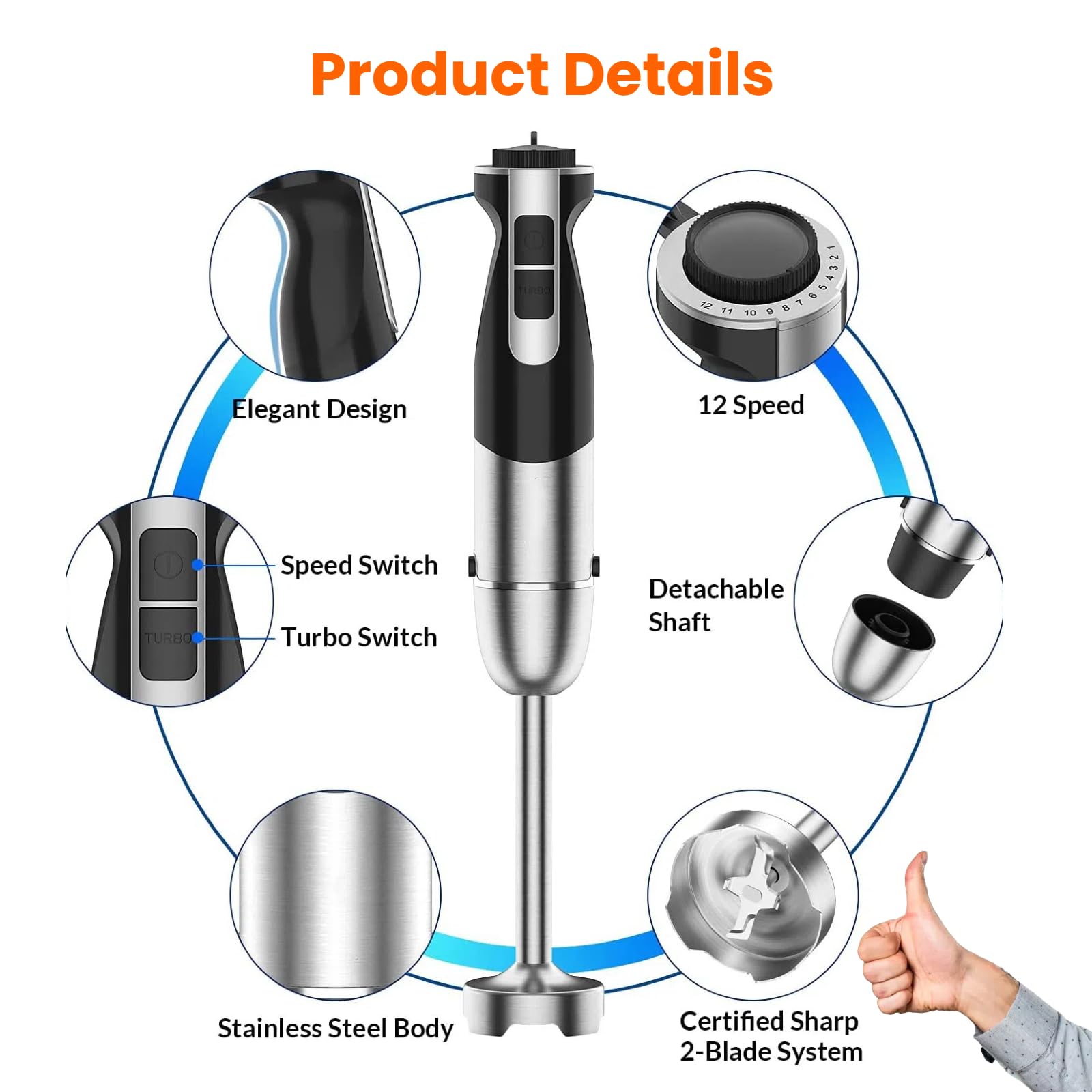 Celenature Immersion Blender Handheld, 1000W 7-In-1 Heavy Duty Motor, 12 Speed & Turbo Mode, Stainless Steel Blades, Includes Whisk, Frother, 800Ml Beaker, 600Ml Chopper For Smoothies, Soup