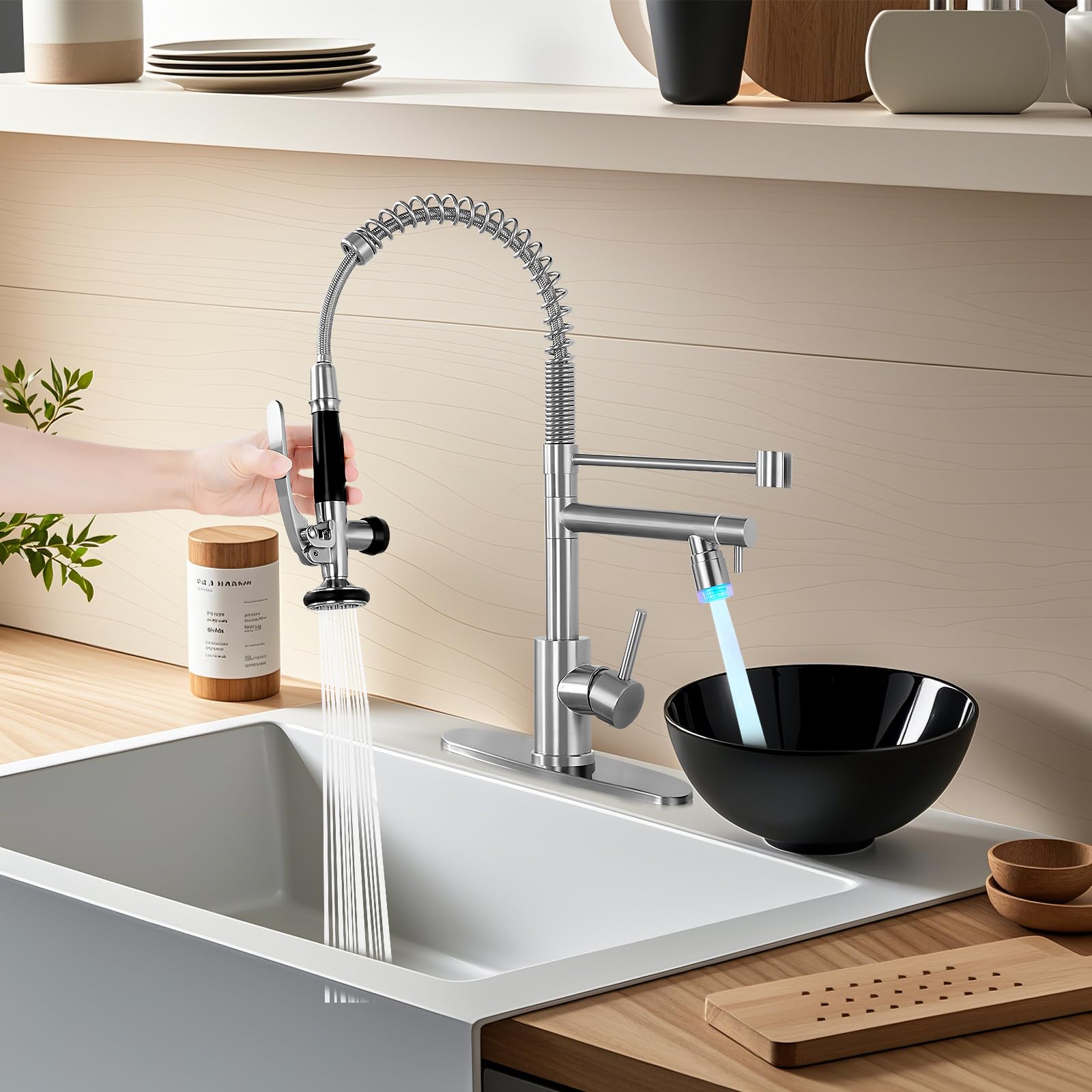 Fgkq Led Kitchen Faucets With Pull Down Sprayer, Commercial Kitchen Faucets, Two Head Kitchen Sink Faucets, High Pressure Faucet For Kitchen Sink, Stainless Steel, Brushed Nickel
