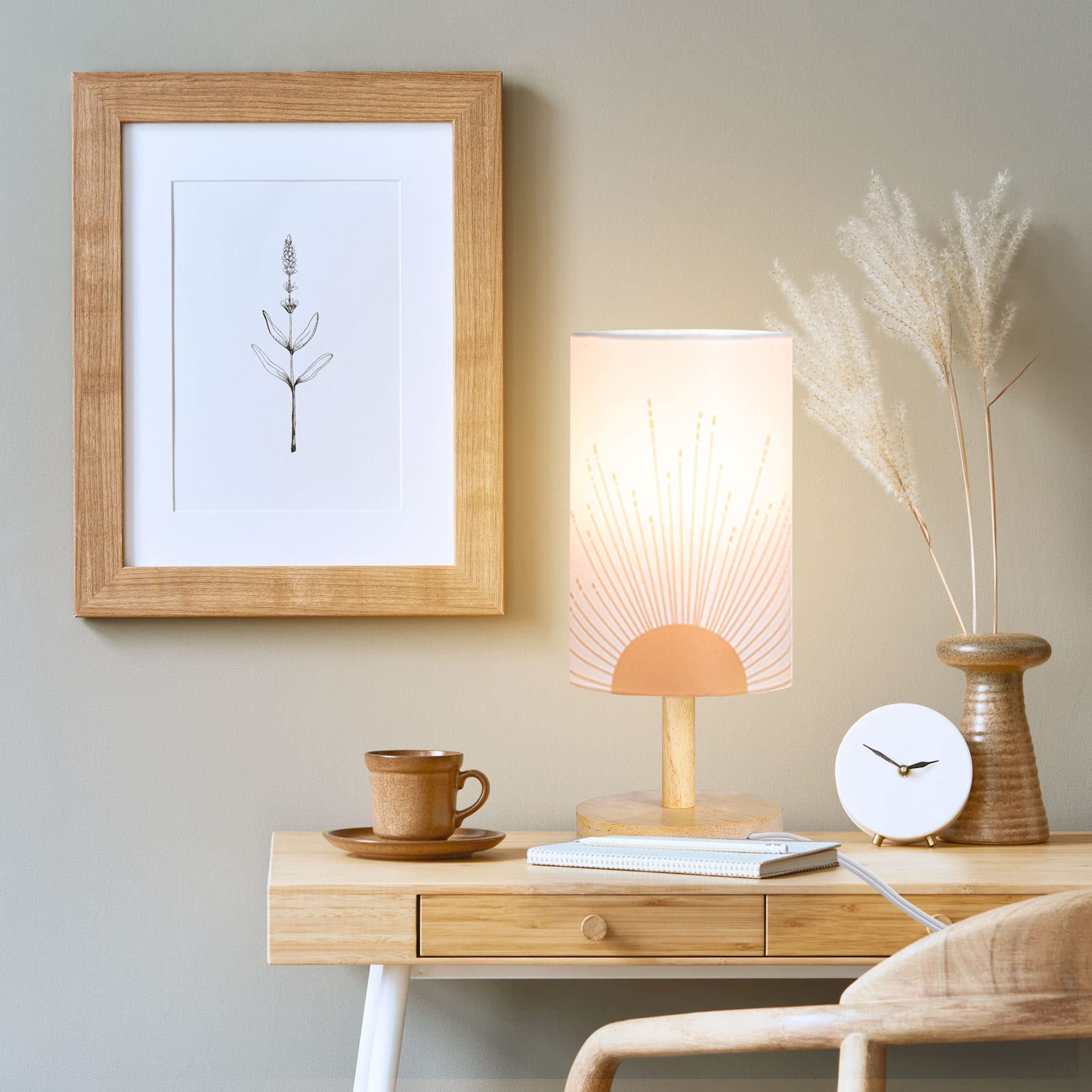 Bonuci Bedside Table Lamp For Bedroom Boho Desk Lamp Minimalist Bedside Desk Lamp 3W Sun Background Trendy Abstract Geometric Small Night Stand Lamp With Wood Base For Bedroom Living Room Desk Office