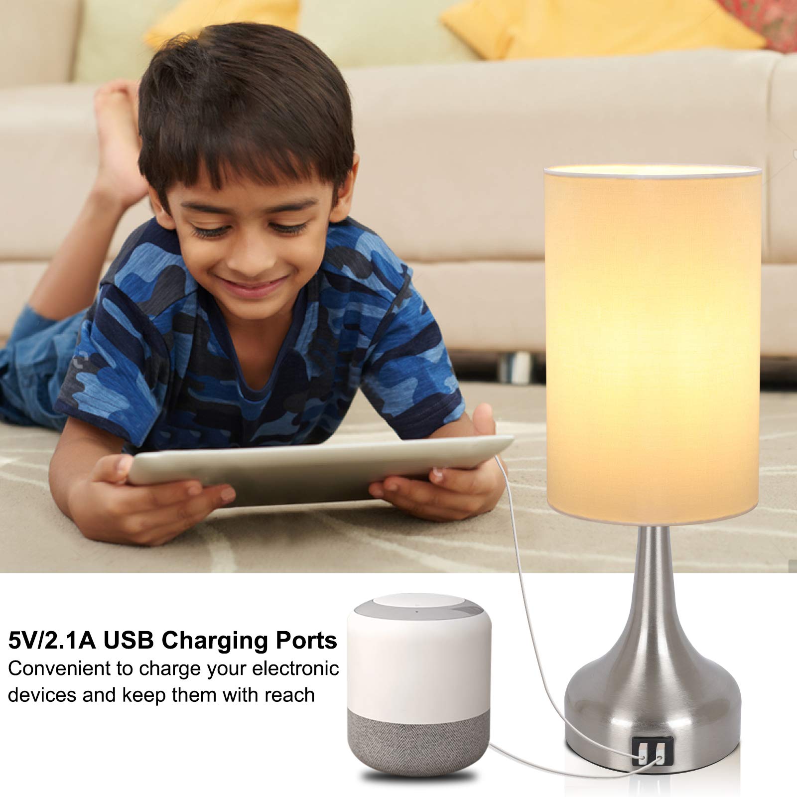 Yoxdalmk 3-Way Dimmable Touch Control Table Lamp Set Of 2, Modern Bedside Desk Lamp With Dual Usb Charging Ports, White Fabric Lampshade Nightstand Lamp For Bedroom, Living Room (Led Bulbs Included)¡­