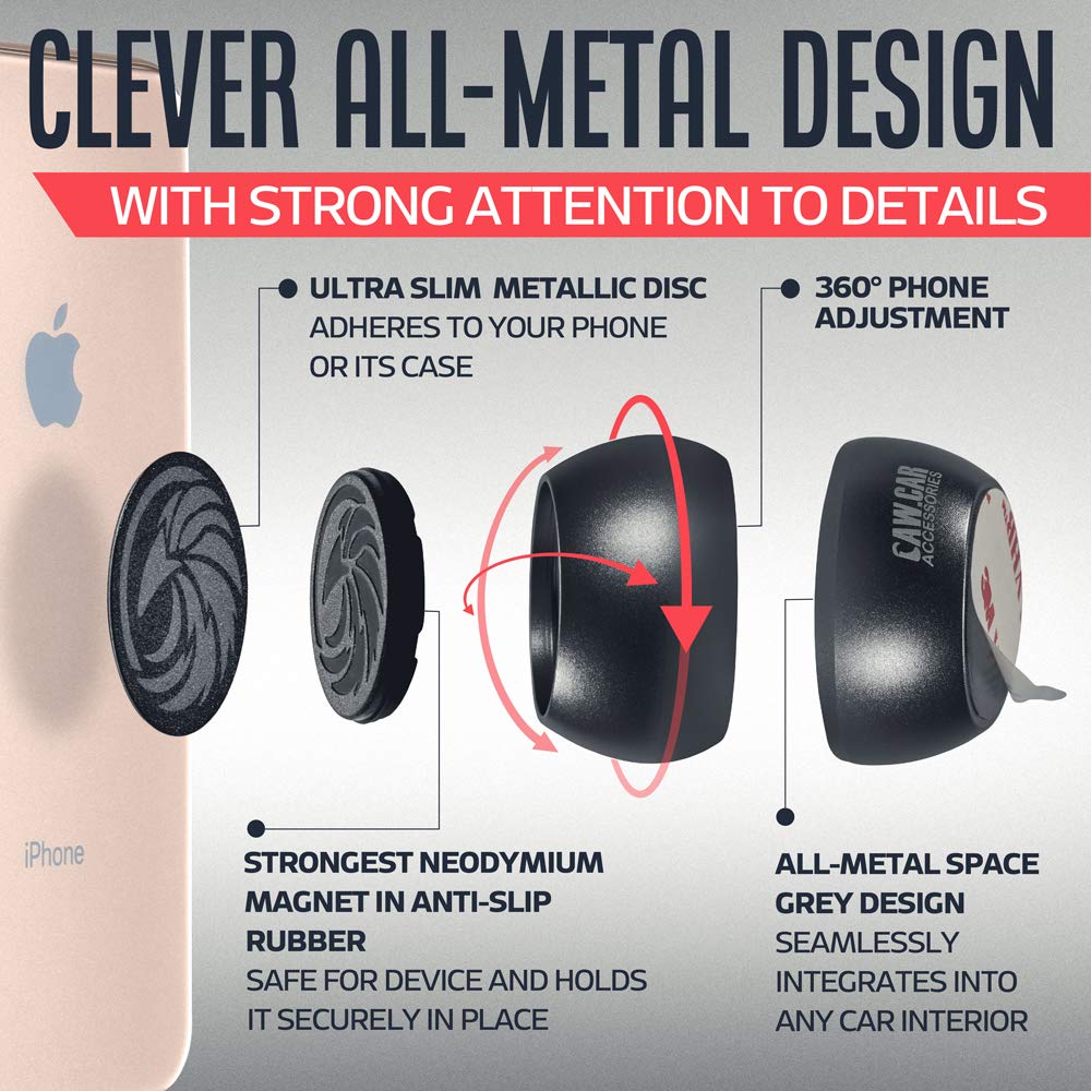 Caw.Car Accessories Universal Car Phone Mount Magnetic - All-Metal Iphone Car Mount For Any Smartphone Or Gps - Truly One-Handed Cell Phone Holder For Car Dashboard