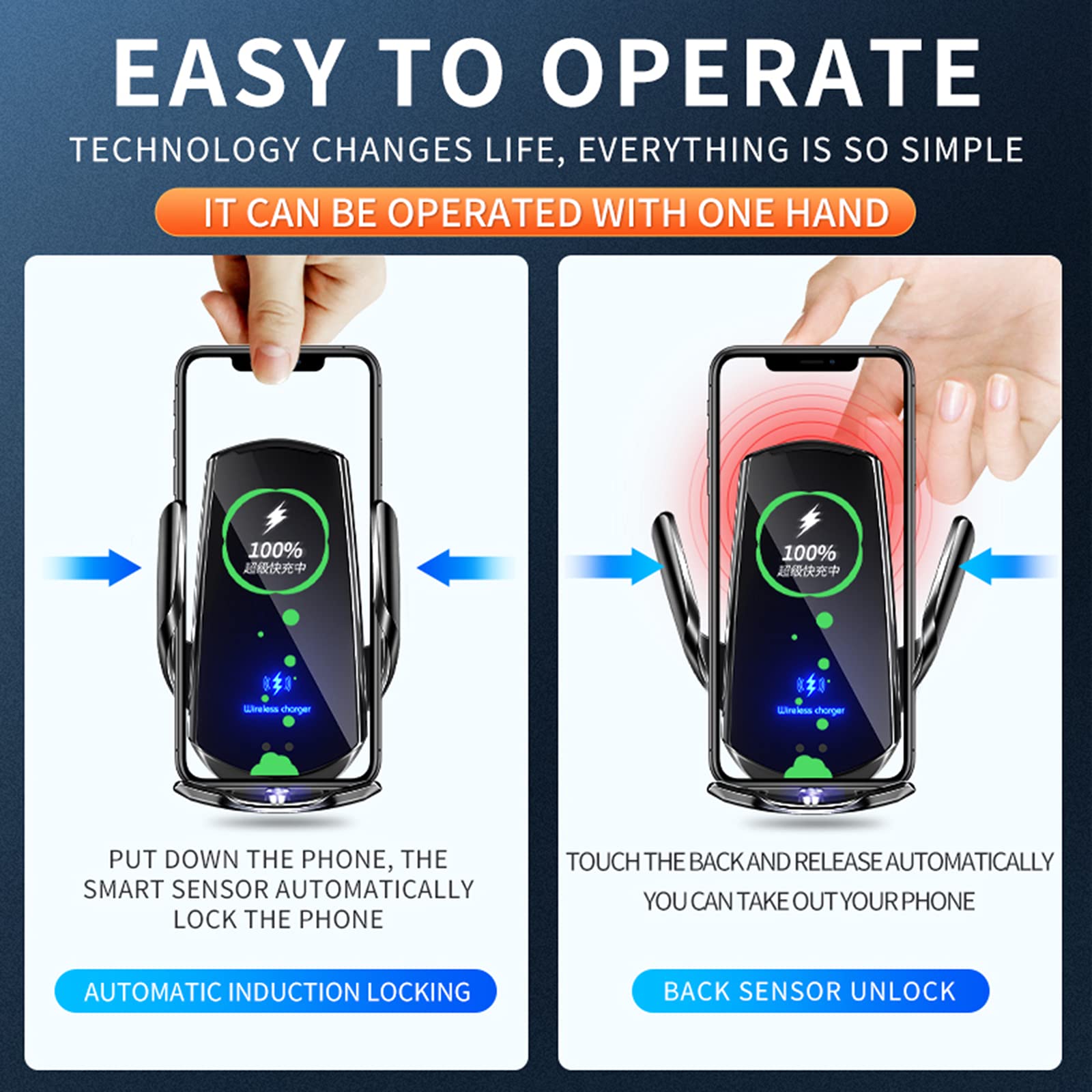 Lfnown Wireless Car Charger Mount - 15W Fast Charging Auto-Clamping Phone Holder For All Android Smartphones (Silver)