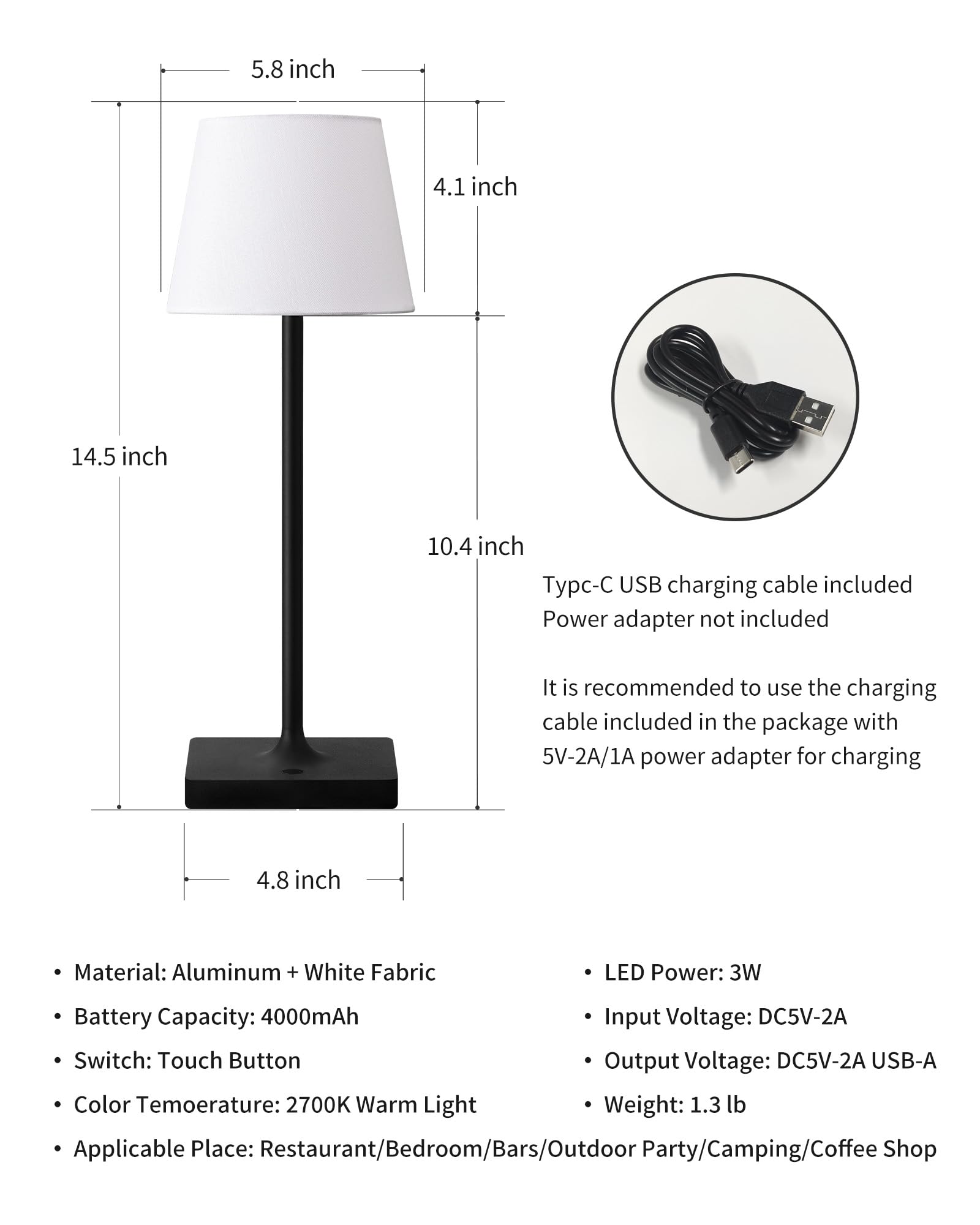 Newsee Cordless Portable Touch Table Lamp Set Of 2, 4000Mah Rechargeable Battery Powered Dimmable Led Desk Lamps Fabric Lampshde, Modern Baby Night Light For Restaurant, Bedroom (Gold 14.5")