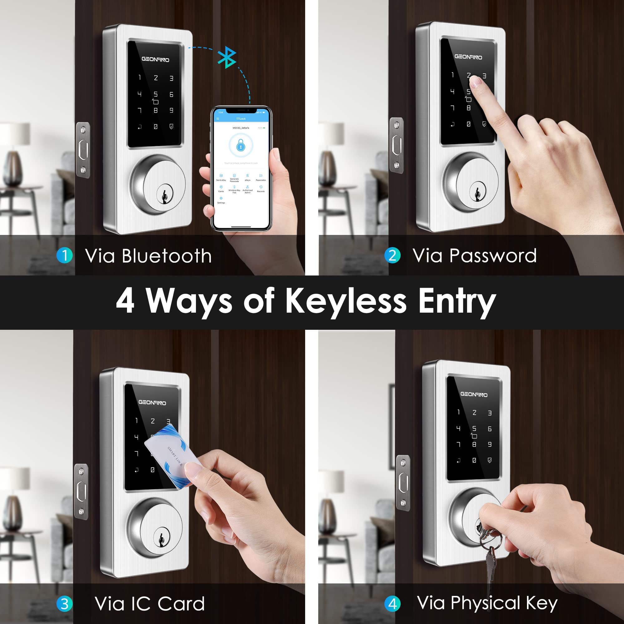Geonfino Keyless Entry Door Lock, Smart Deadbolt Lock With Bluetooth App, Electronic Keypad, Ic Card, Spare Keys, Security Waterproof Smart Lock Easy Install Usb Ideal For Home Use, Office, Hotel.(Sliver)