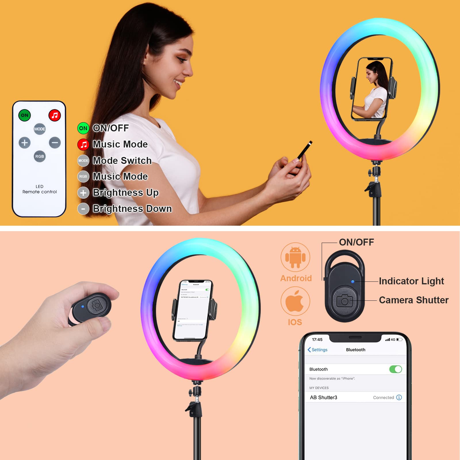 Herrfilk 12" Selfie Ring Light With 75" Tripod Stand & 2 Phone Holder, Led Camera Ringlight With 48 Rgb Colors Modes & Musical Rhythm Mode And 12 Brightness Dimmable For Tiktok/Makeup/Photography/Vlog