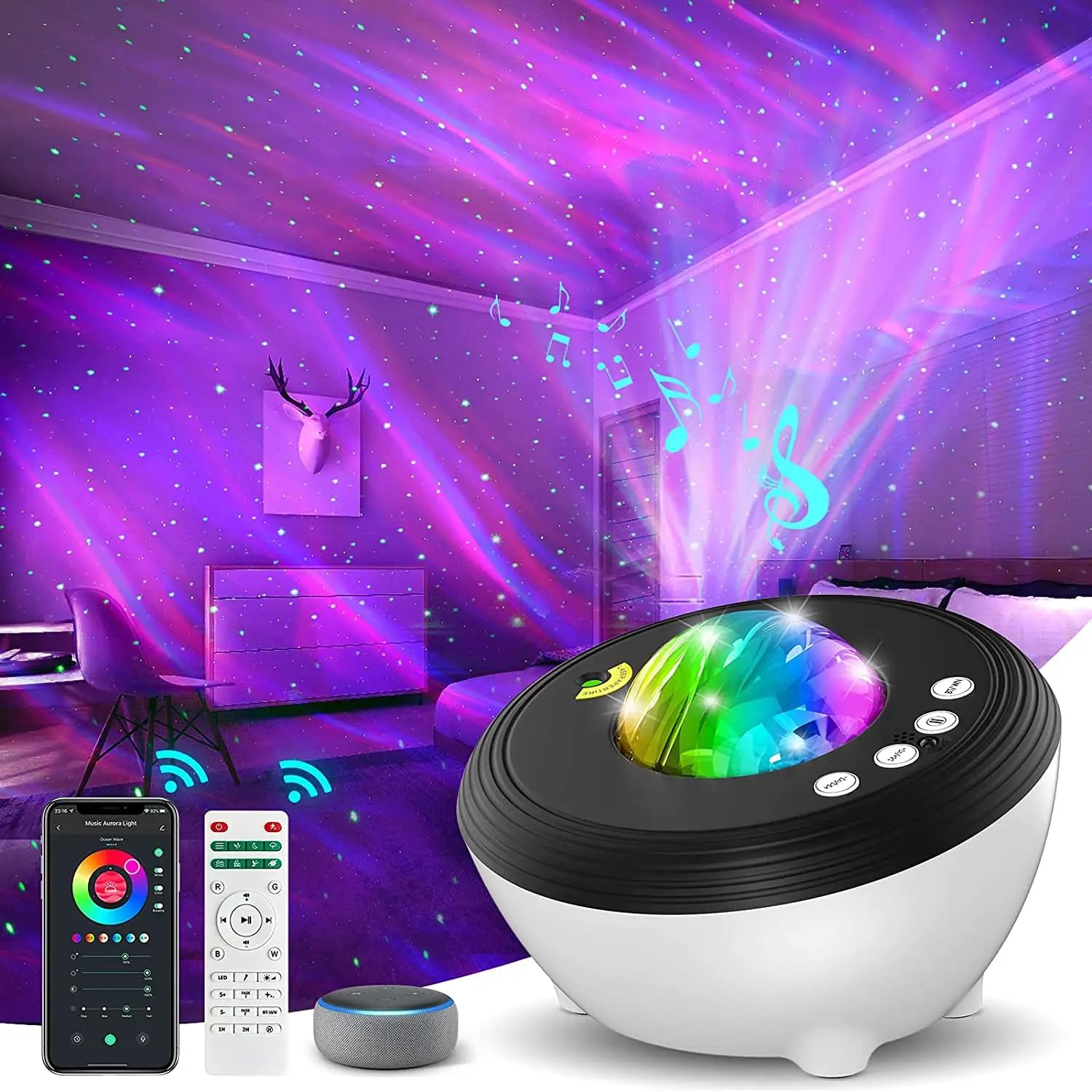 Somktn Aurora Projector, Northern Lights Galaxy Light Projector With White Noise Sound Machine Bluetooth Speaker/Timer/Remote/App Control, Work With Alexa, Star Projector For Ceiling Bedroom, Kids Adults