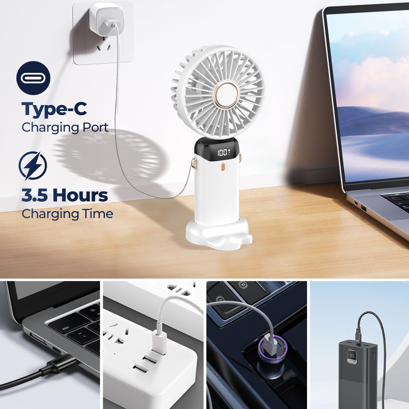 Rechargeable Portable Handheld Fan,5000Mah Battery Operated Mini Fan,5 Speeds And Led Display