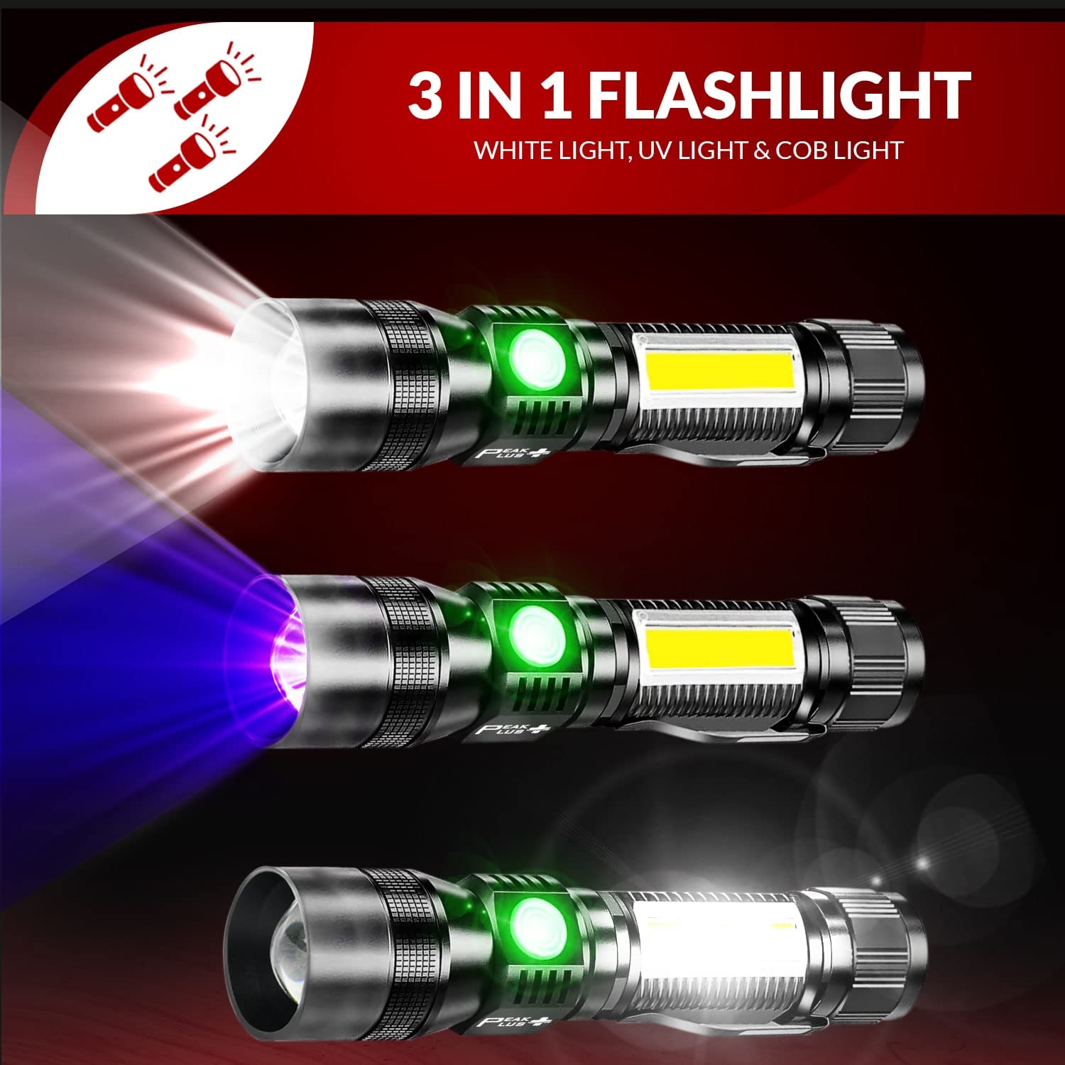 Peakplus Rechargeable Flashlights Ufx1000 [2 Pack] 3-In-1 Uv Blacklight Flashlight, Cob - 7 Light Modes Waterproof Magnetic High Lumens Clip-On - Uv Light For Pet Urine Detection, Camping, Emergencies