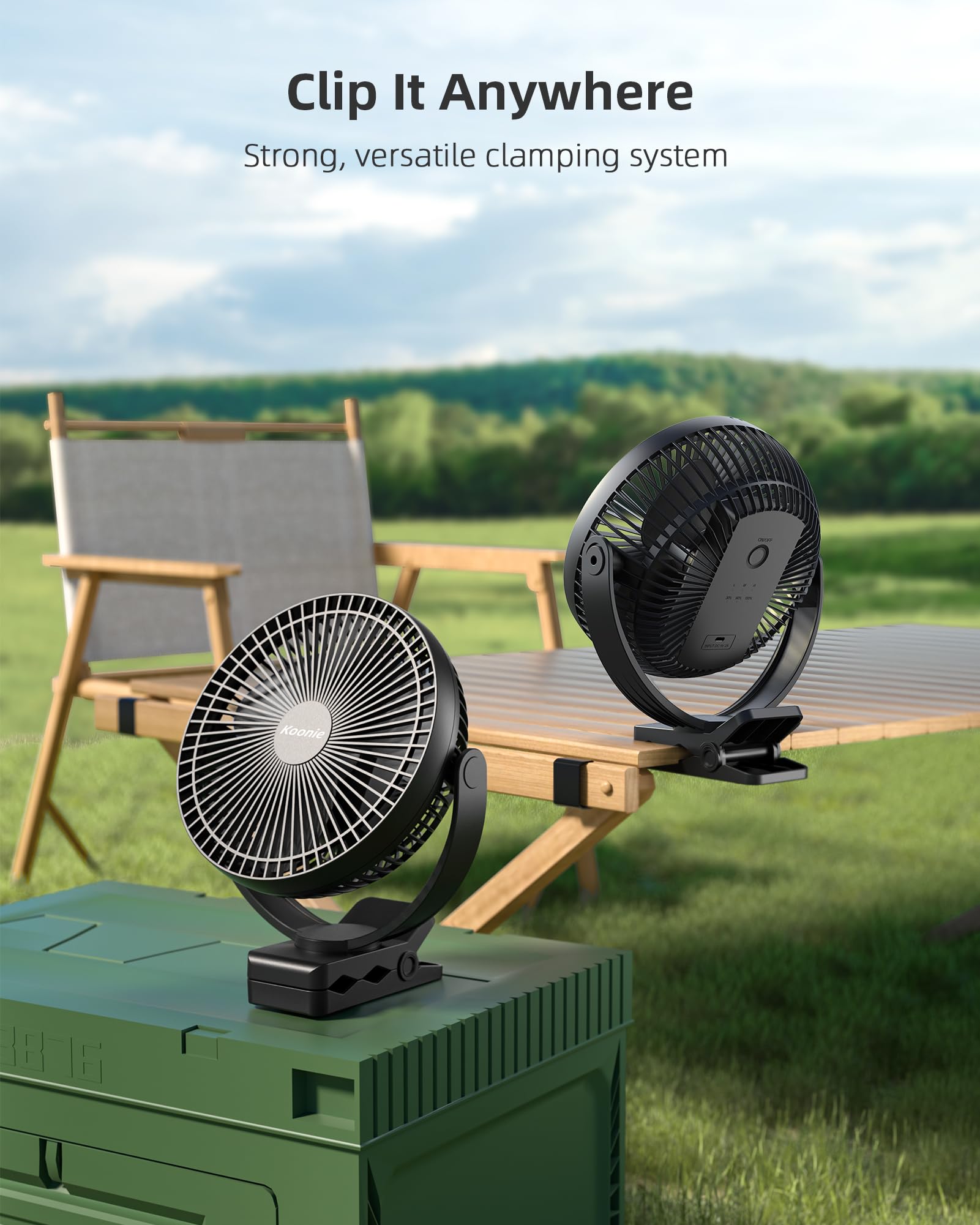Koonie 10000mAh Clip on Fan Rechargeable, 8-Inch Battery Operated Desk Fan, USB Fan, 4 Speeds, Strong Airflow, Sturdy Clamp - Koospark