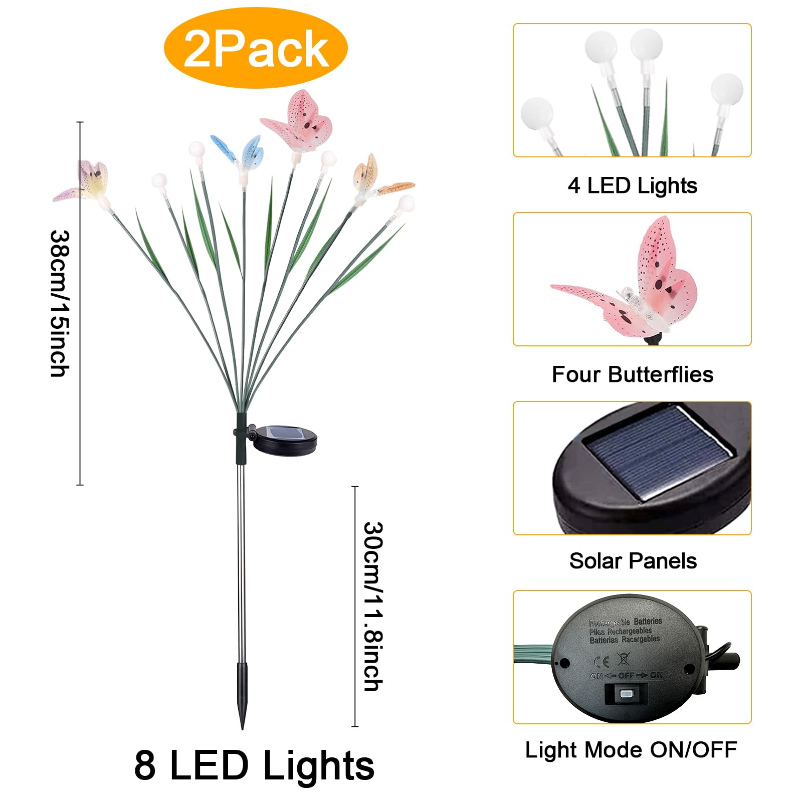 Jimacro Solar Butterfly Lights, 2 Pack With 8Leds Swaying, Waterproof Solar Powered Led Decorative Garden Lights For Outdoor Pathway,  For Mother'S Day
