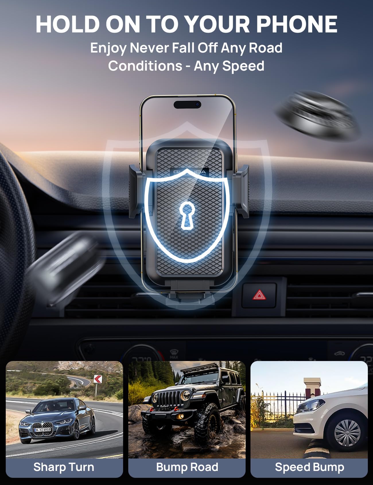 Guanda Technologies Co., Ltd. Adjustable Windshield Phone Mount For Car, Suction Cup Dashboard Holder For All Cell Phone, (+Vent Hook) [Military Grade Stable], Non-Slip Silicone Carbon Fiber, (Black)