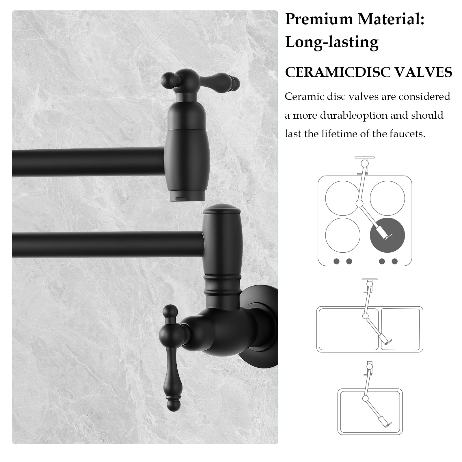 Mutvka Pot Filler Kitchen Faucet, 360° Swivel Spout, Commercial Wall Mount Stove Foldable Faucet, Durable Construction, Modern Design For Easy Installation Matte Black
