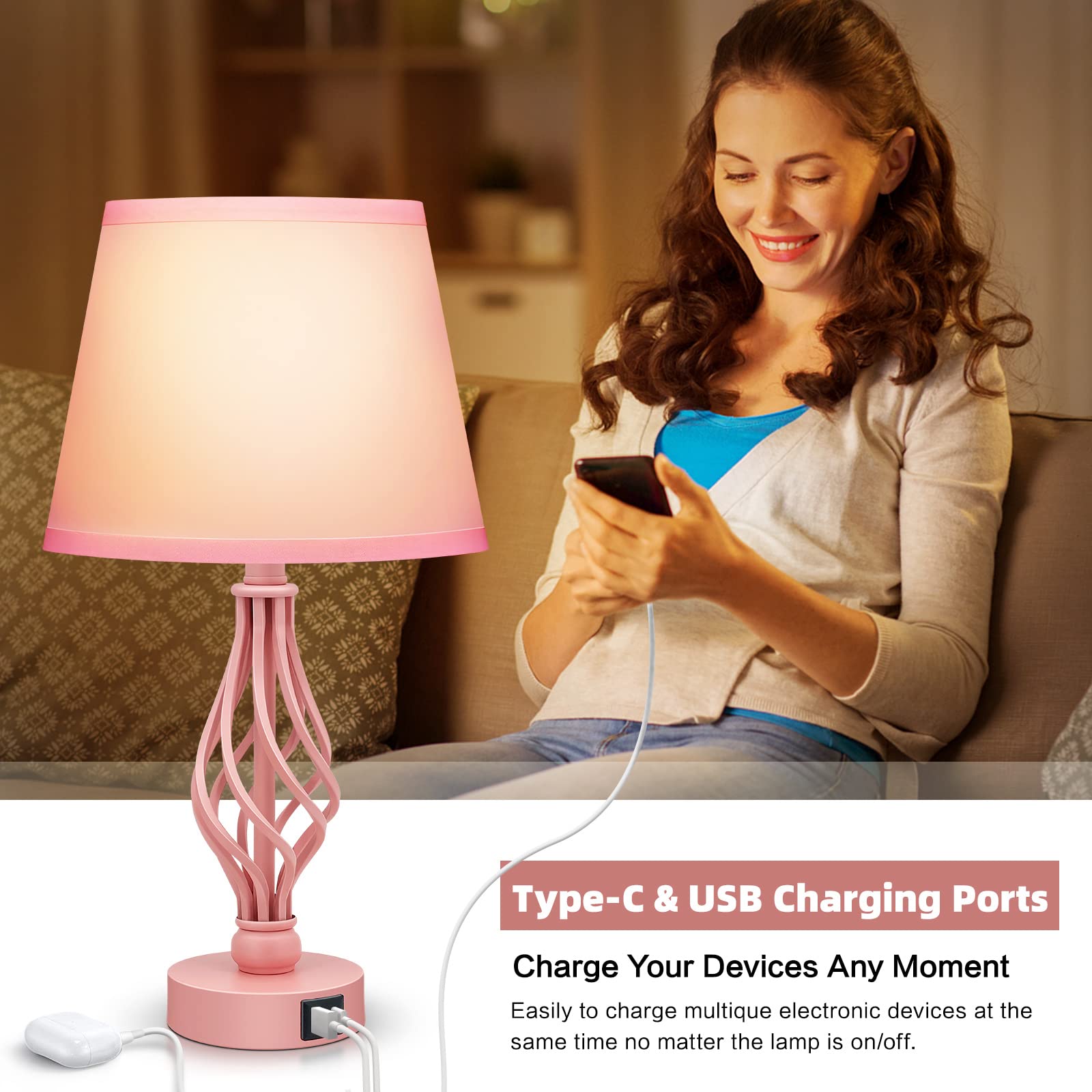 Wiomonrew Touch Table Bedside Lamps Set Of 2, Nightstand Bedside Nightstand Lamps With Usb Type-C Ports, Girls Desk Lamp For Living Room Bedroom Side Table (Pink)