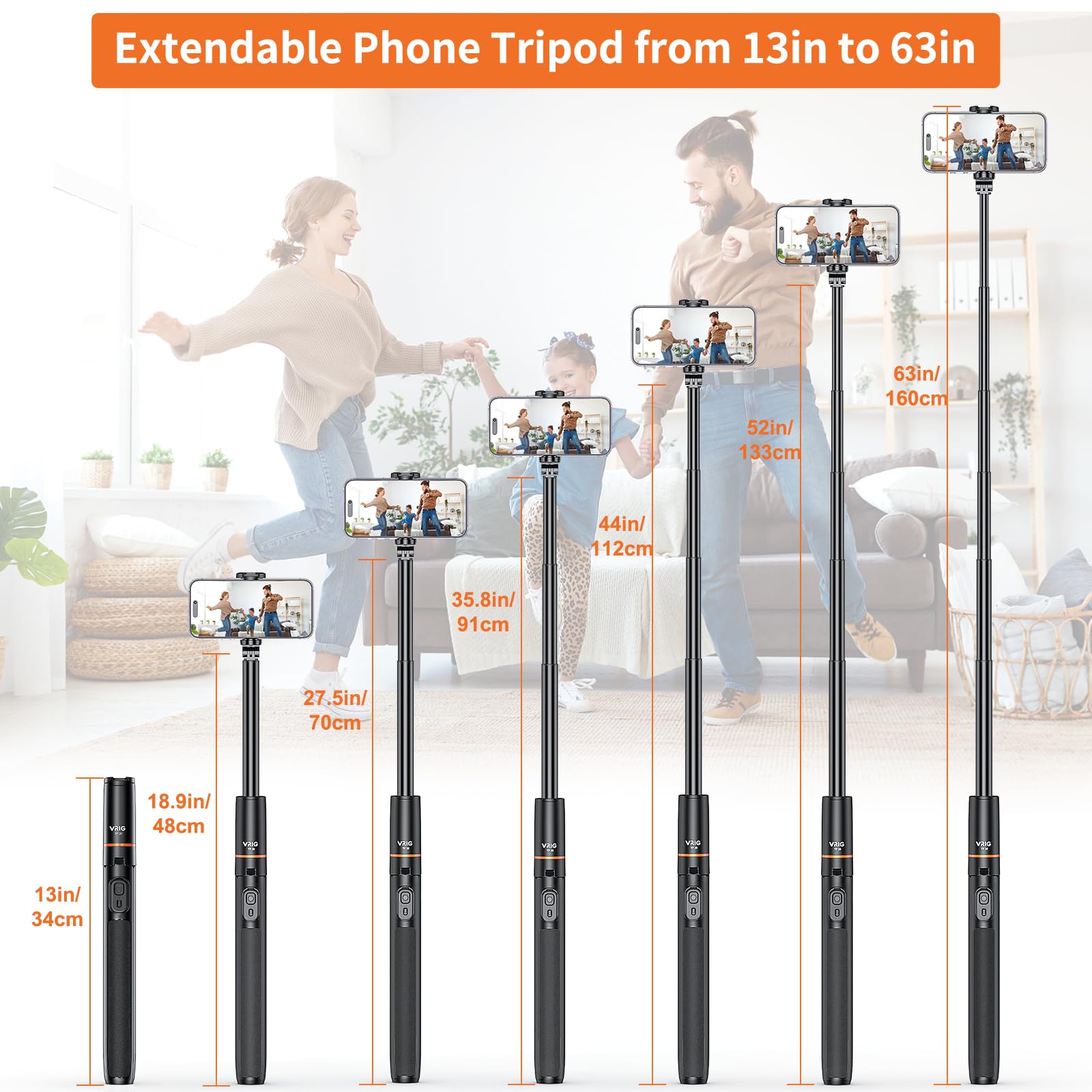 Vrig Select Vrig 63" All-In-1 Selfie Stick Tripod With Integrated Remote, Portable, Lightweight, Extendable Phone Tripod For Iphone/Android