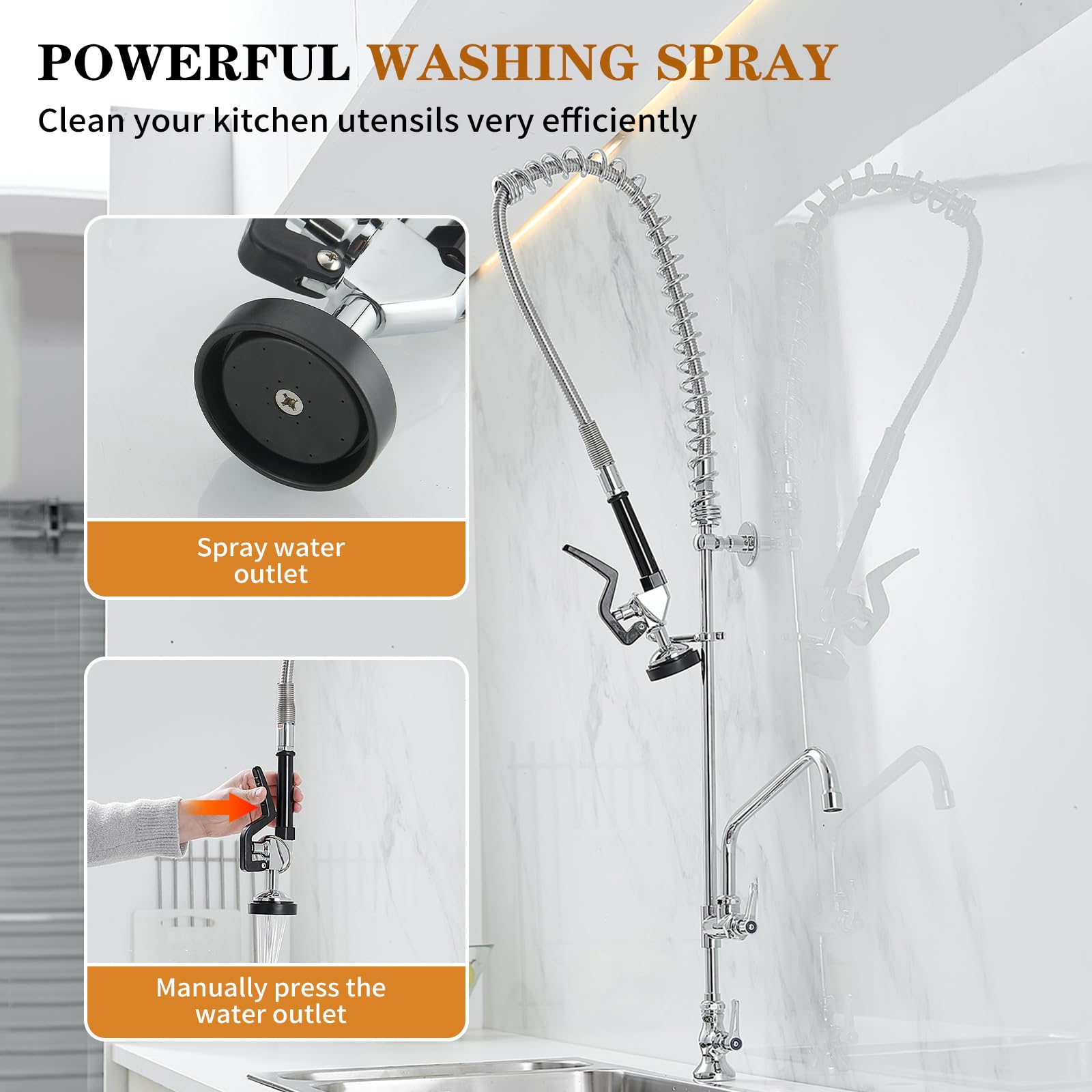 Bathfinesse Commercial Sink Faucet With Sprayer 43" Height Deck Mount 1 Hole Single Handle Coiled Spring Pull Down Spray Pre Rinse Restaurant Kitchen Faucet With High Pressure Spray Valve