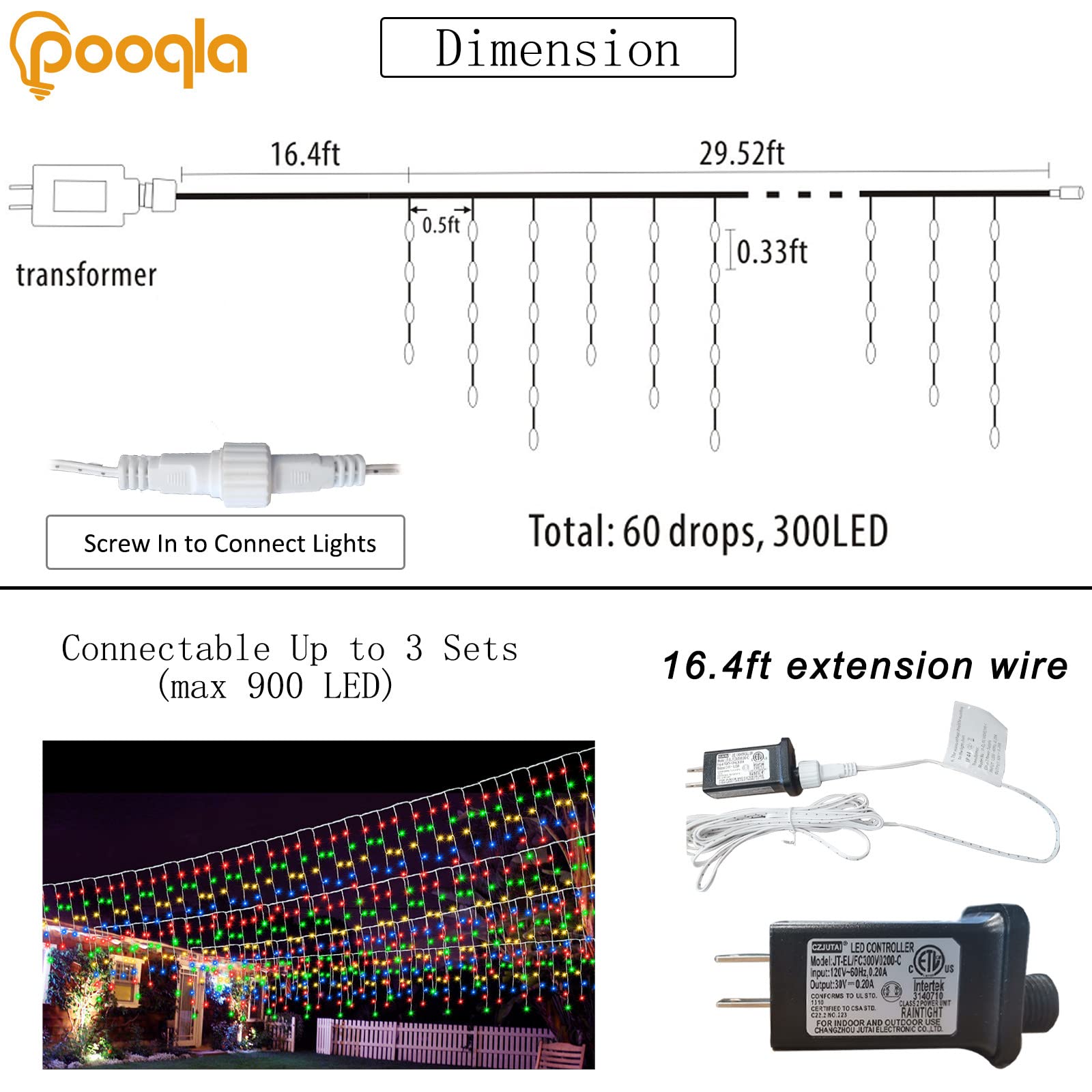Pooqla Christmas Icicle Lights Outdoor Decoration, Colorful Led String Lights Lights 8 Modes, 30Ft 300Led Hanging Roof Lights 60 Drops For Window Home Party Garden Yard Christmas Decoration