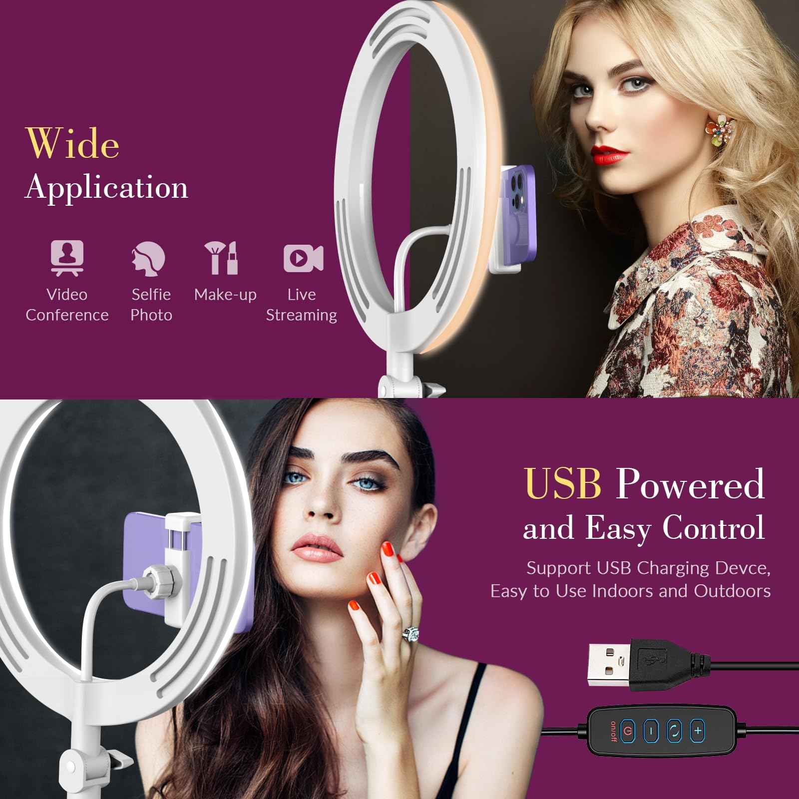 Miao Lab Usb 10' Ring Light For Desk With Stand And Phone Holder, Ring Light With Overhead Camera Mount And Adjustable Desk Arm Stand For Photography,Makeup, Zoom Calls, Youtube Videos（White）