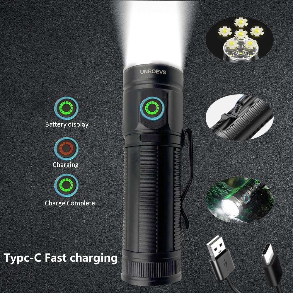Unroevs Xc03 Pocket Flashlights High Lumens Max 3000 Lumen,Rechargeable Powerful Flashlight With High Powered 6 Pc Led,5-Mode Flash Light,Compact Flashlight For Camping, Emergency.