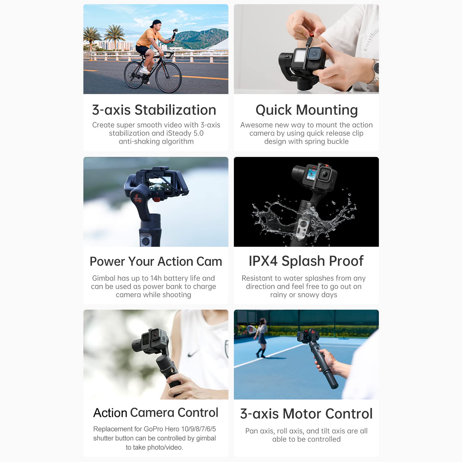 Hohem Isteady Pro 4 3-Axis Handheld Sports Camera Gimbal Stabilizer Wireless Control Splash Proof Stabilizer Replacement For Gopro 10 9 8 7 6 5 4 3 Osmo Action Insta360 One R