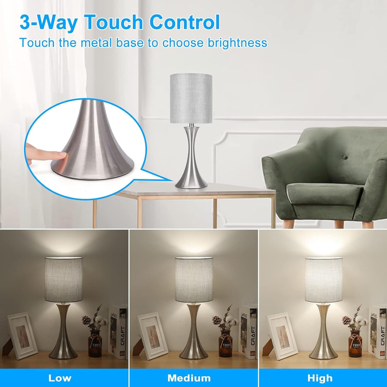 Seaside Village 3 Way Touch Control Table Lamp, Dimmable Bedside Desk Lamp With Metal Base Modern Nightstand Lamp Stylish Grey Shade Simple Side Table Lamp For Bedroom, Living Room, Office Or Den Led Bulb Included