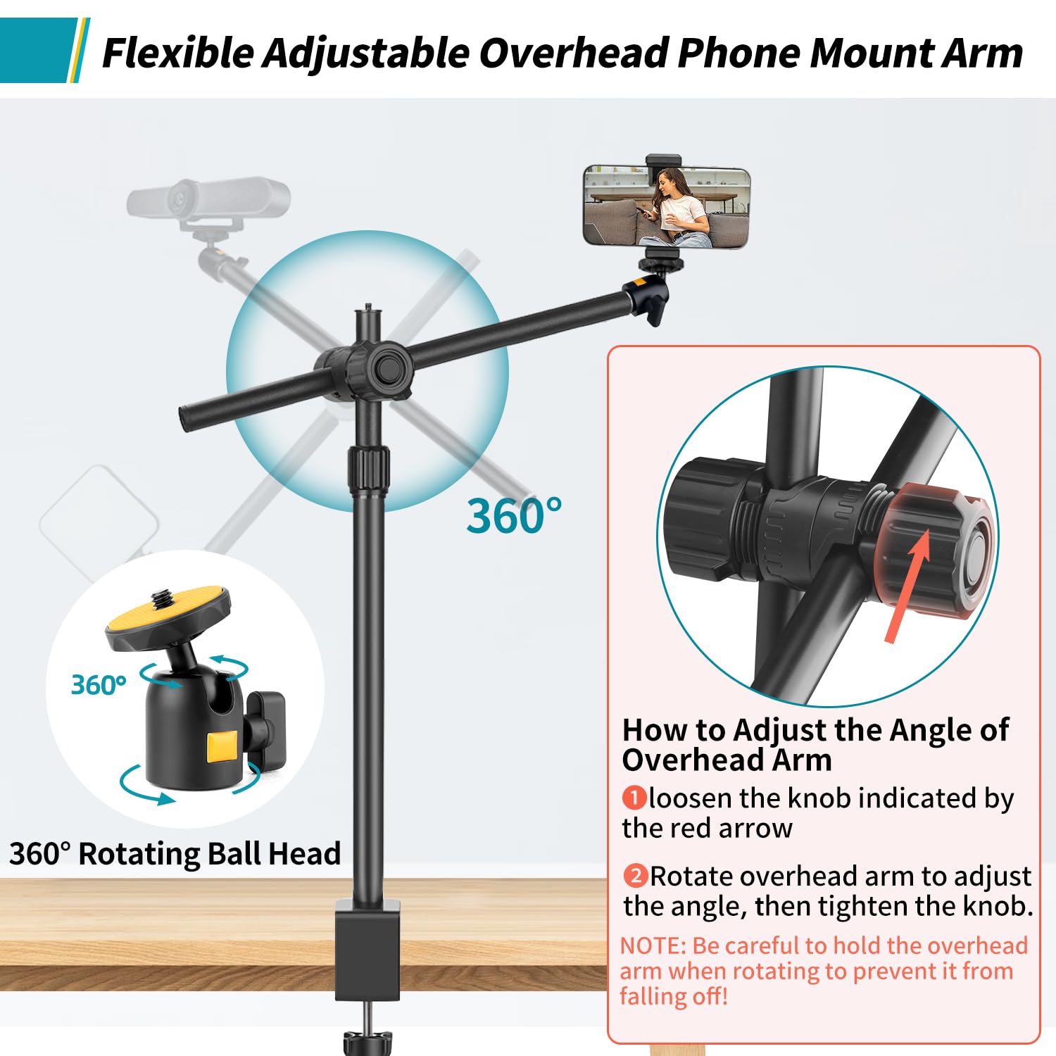 Jebutu Camera Desk Mount Webcam Stand With Overhead Articulating Magic Boom Arm 1/4" Ball Head For Dslr Tripod, Adjustable Light Stand, Tabletop C Clamp For Ring Light Photo Video Shooting Live Streaming