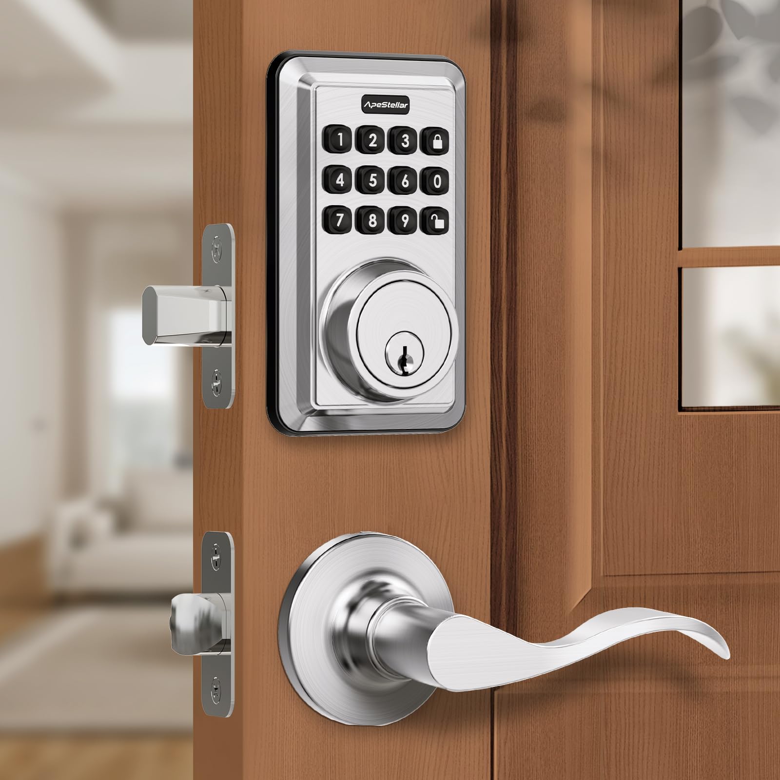 Apestellar Keyless Entry Door Lock With 2 Lever Handles - Electronic Keypad Deadbolt - Front Door Lock Handle Sets - Auto Lock,Anti-Peeking Password, Easy Installation - Satin Nickel