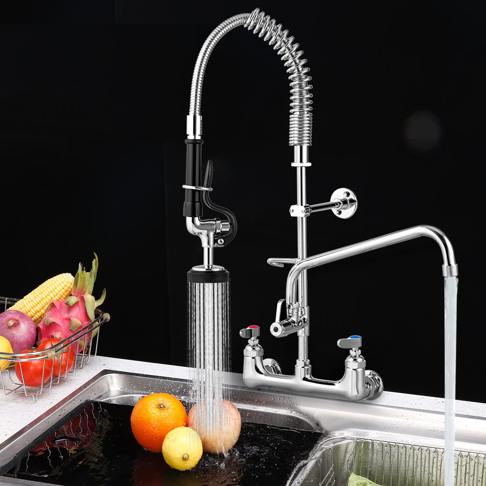 Vevor Commercial Faucet With Pre-Rinse Sprayer, 8" Adjustable Center Wall Mount Kitchen Faucet With 12" Swivel Spout, 25" Height Compartment Sink Faucet For Industrial Restaurant, Lead- Brass