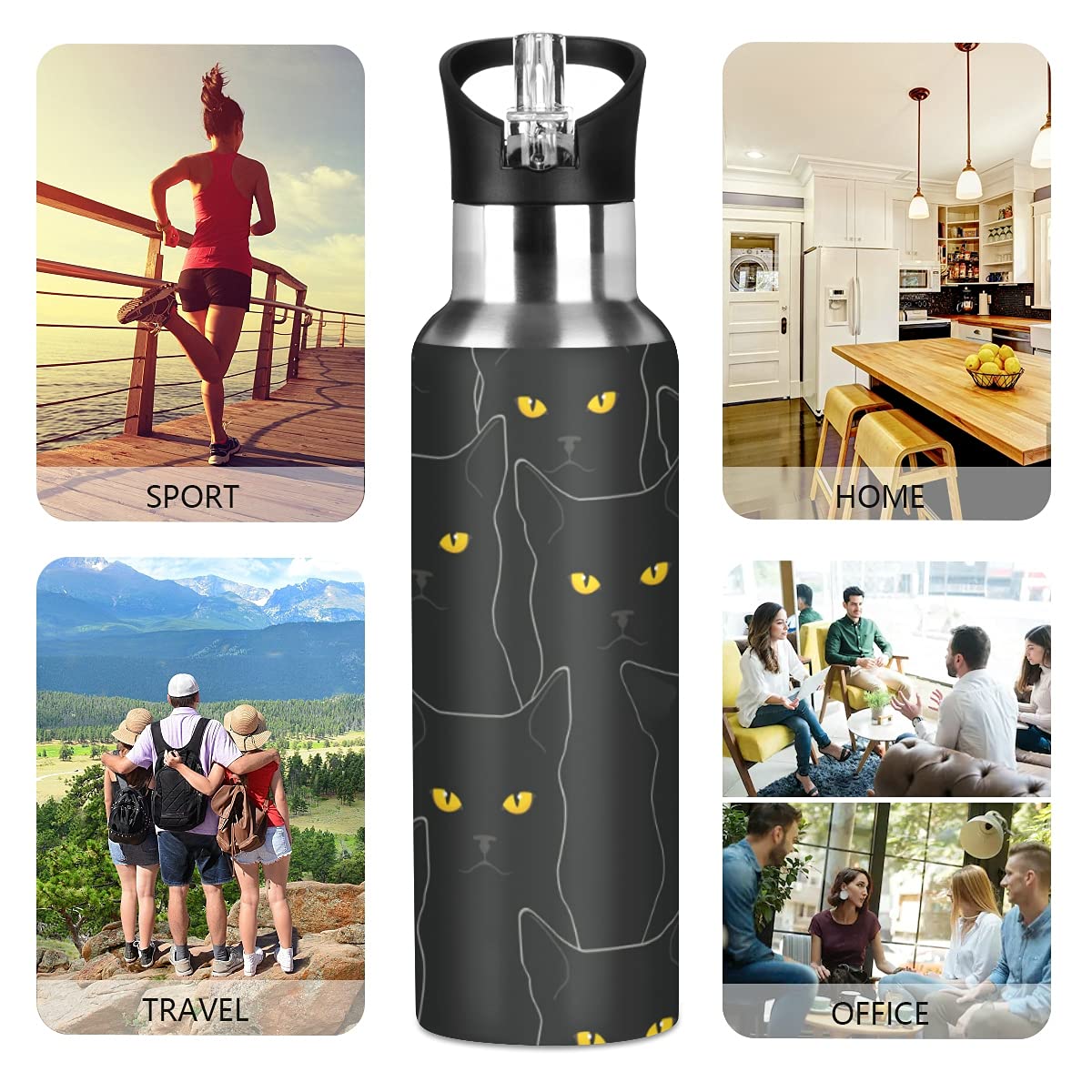 Water Bottle Black Cat Coffee Thermos Stainless Steel Insulated Beverage Container 20 Oz With Straw