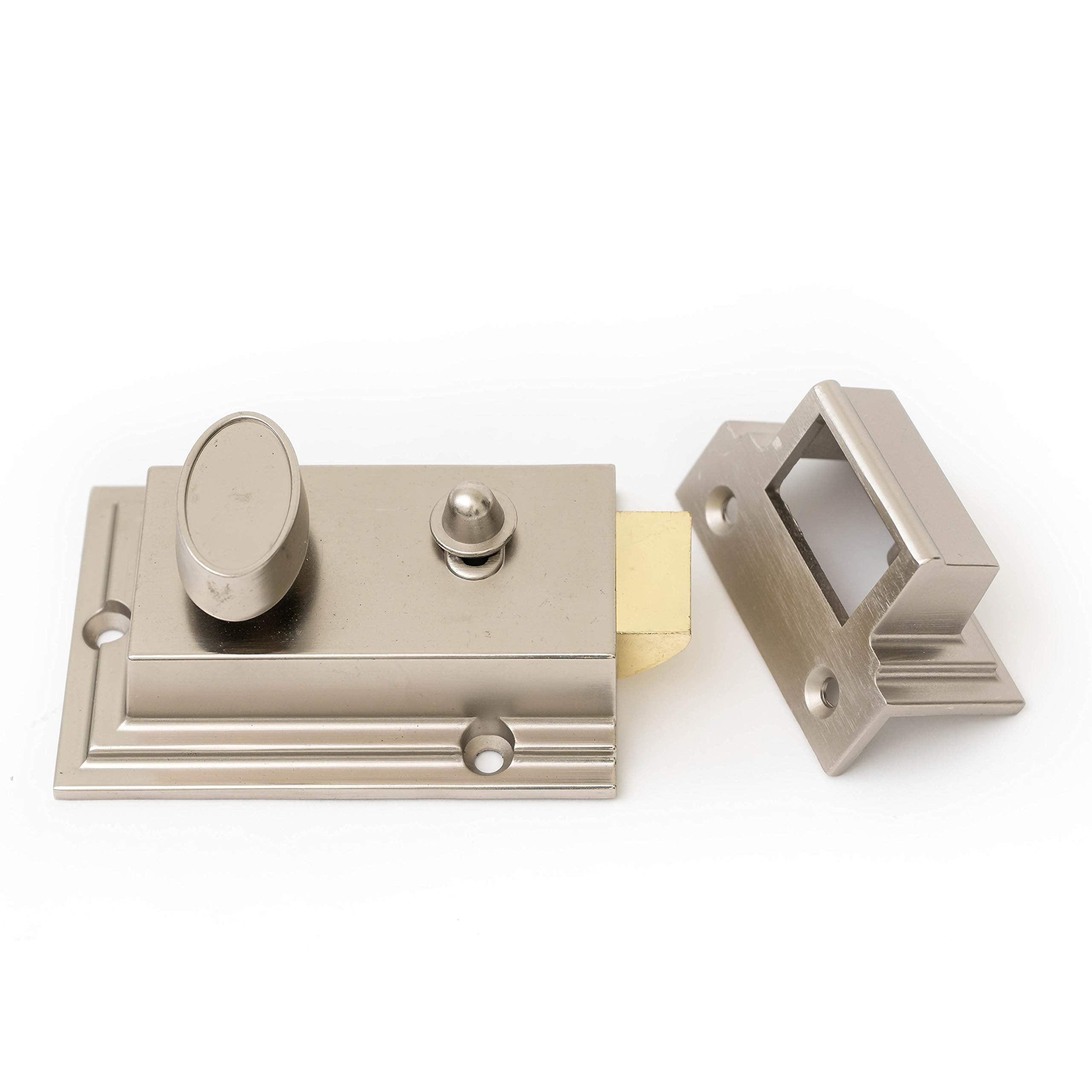 Defiant Satin Nickel Deadbolt Lock With Night Latch, Holdback Button Single Cylinder Rim And Two Keys - Heavy Duty Defender Security Door Lock Hardware