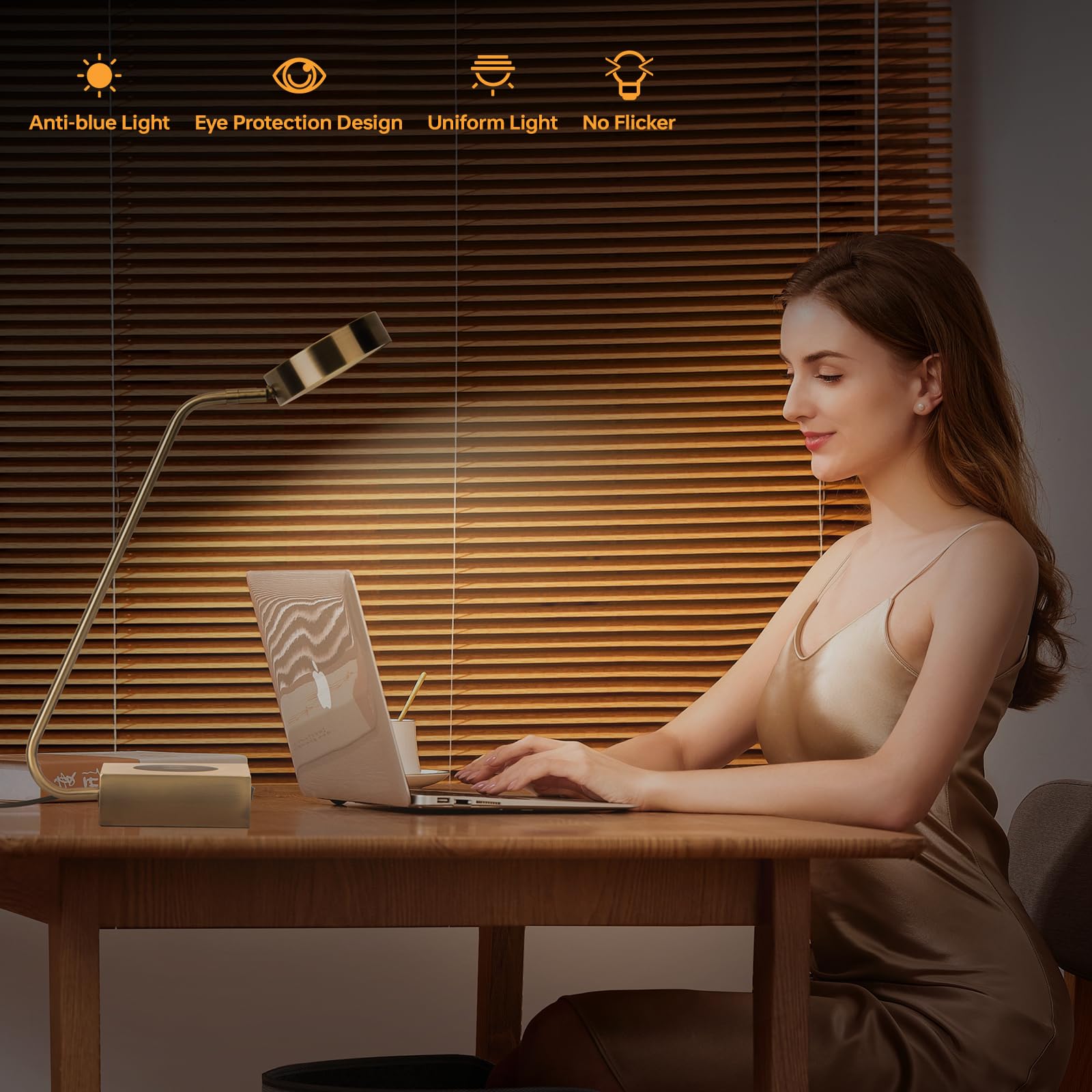 Lianheng Led Desk Lamp With Wireless Charger,2 Usb Charging Port,Desk Lamps For Home Office,Button Switch,Adjustable Lamp Head,Suitable For Study,Living Room,Bedroom,Office-(Gold Color)