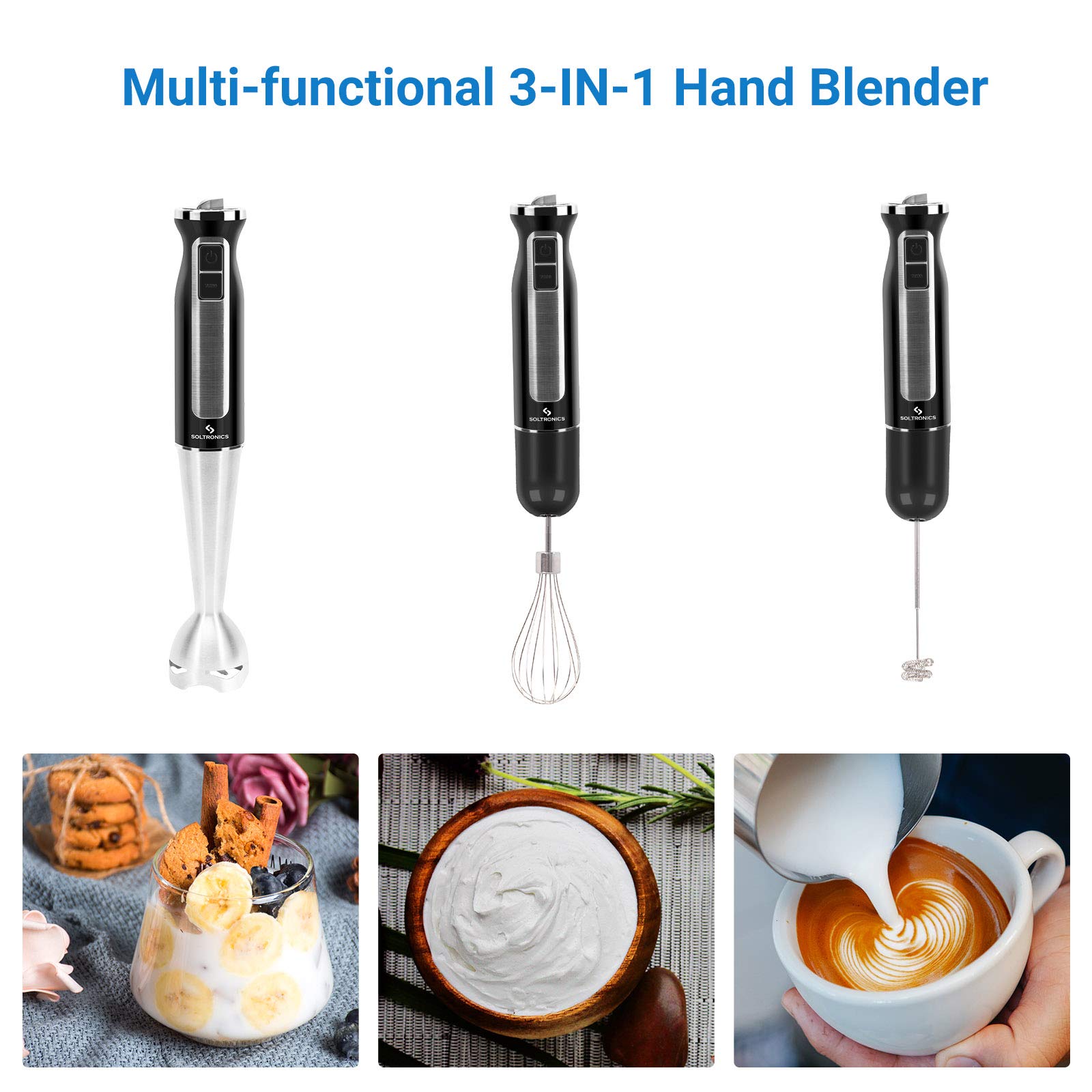 Soltronics 3-In-1 Hand Blender, 3-In-1, 8-Speed 500 Watts Stick Blender With Milk Frother, Egg Whisk For Smoothies, Coffee Milk Foam, Puree Baby Food, Sauces And Soups, Bpa-, Black