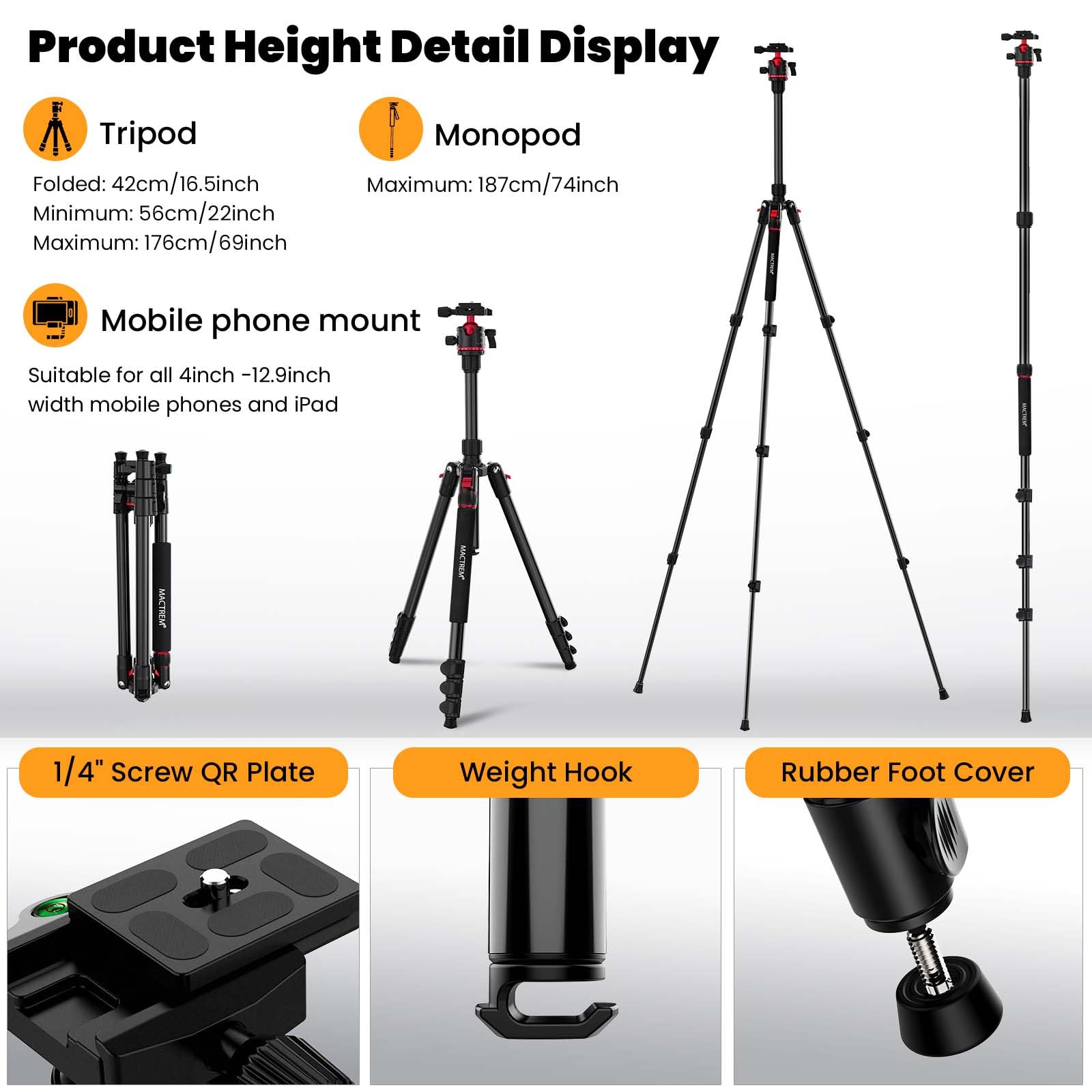 Mactrem Camera Tripod, 74 Inch/187Cm Aluminum Travel Tripod & Monopod With 360Ball Head, Lightweight For Smartphone Ipad Canon Nikon Sony Binoculars Laser Level Telescope