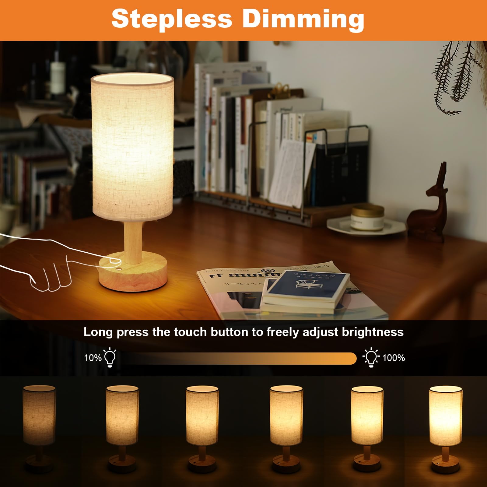 Uchenton Small Cordless Touch Table Lamps Set Of 2 With Stepless Dimming, Natural Wood Base & Linen Fabric Shade,Wireless Battery-Powered Ambient Night Lights For Bedroom, Bedside, Nightstand,Room, Nursery