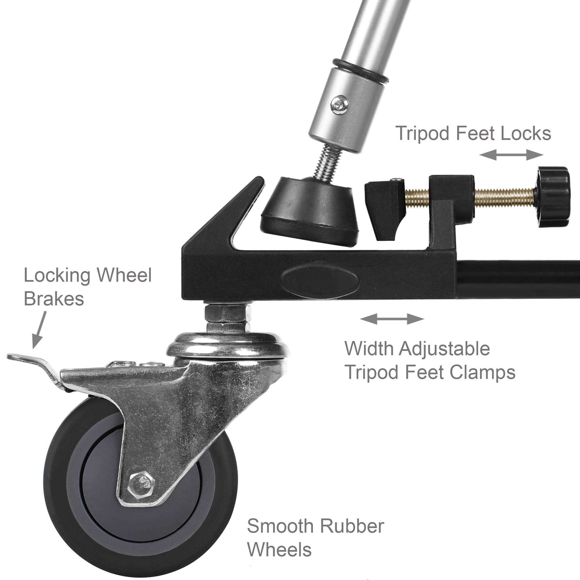 Ravelli Atd Heavy Duty Professional Photo Tripod Dolly With 3" Ball-Bearing Rubber Step-Lock Wheels Holds 45Lbs At 37" Spread With Two Section Solid Aluminum Bar Reinforced Non-Telescoping Leg Design