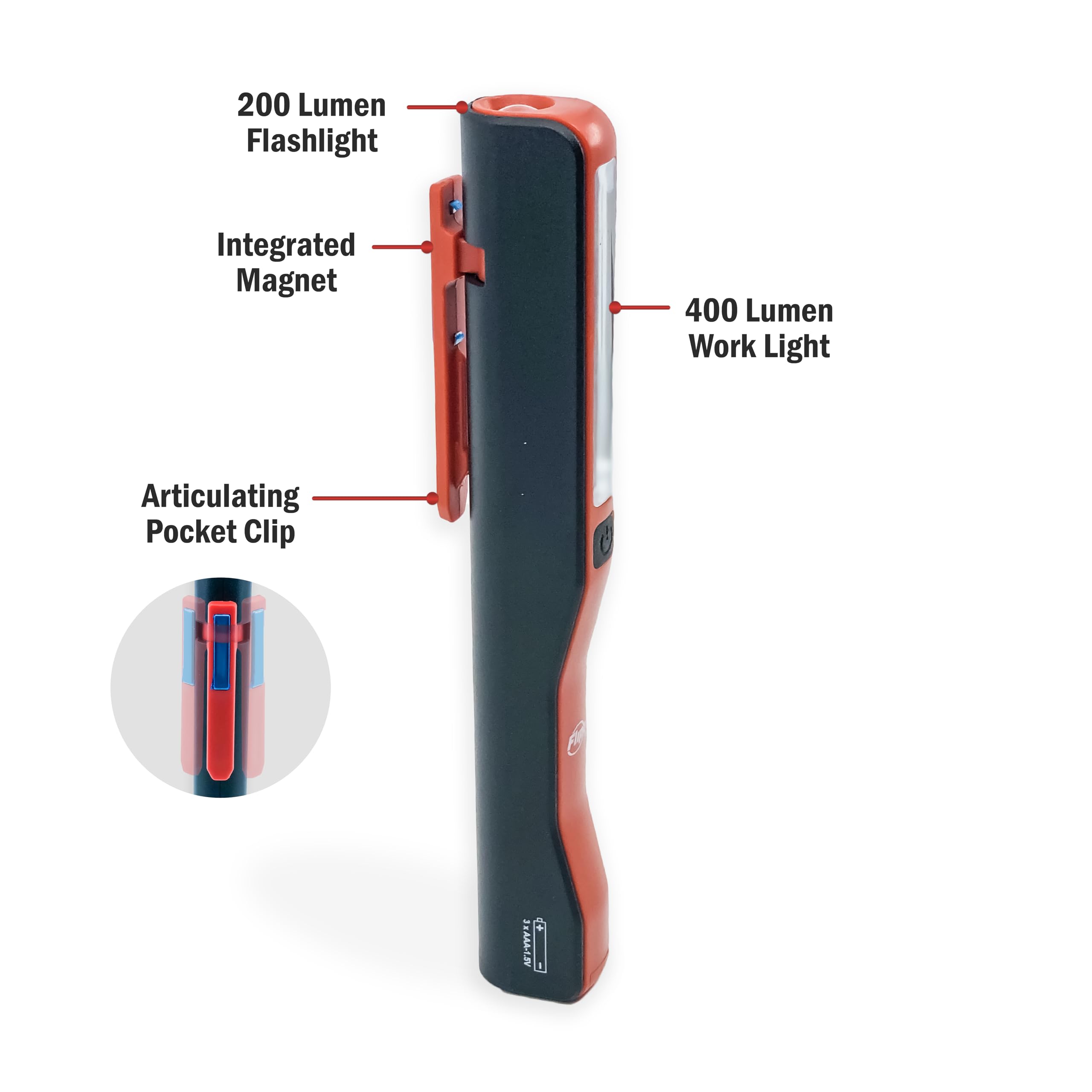 Flipo Magnetic Cliplight Dual Led - 2 Lights In 1 400 Lumen Flood Light, 200 Lumens Spotlight - Led Pocket Flashlight With Magnetic Swivel Clip - Compact Pen Light, Led Worklight, Magnetic Pocket Clip