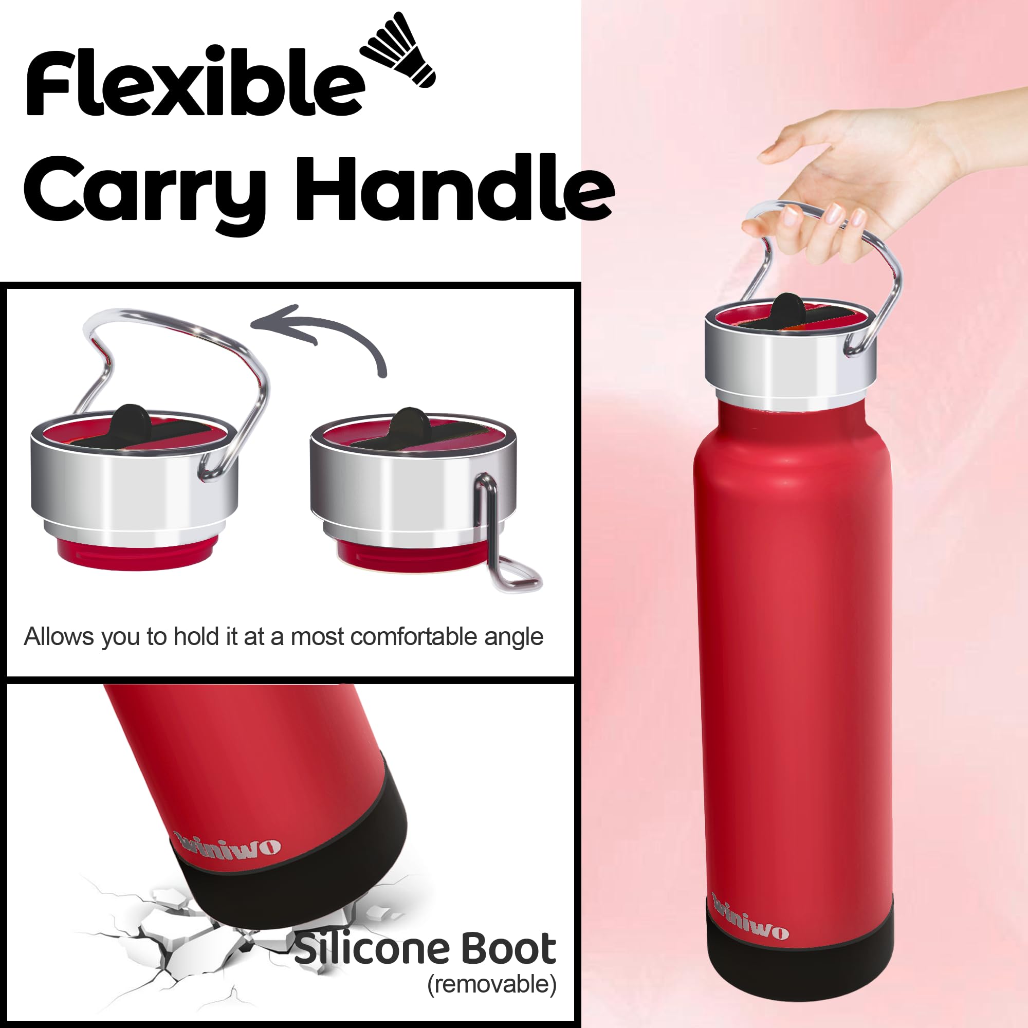 24 Oz Insulated Slim Water Bottle With Flip Straw And Handle, Stainless Steel Water Bottles