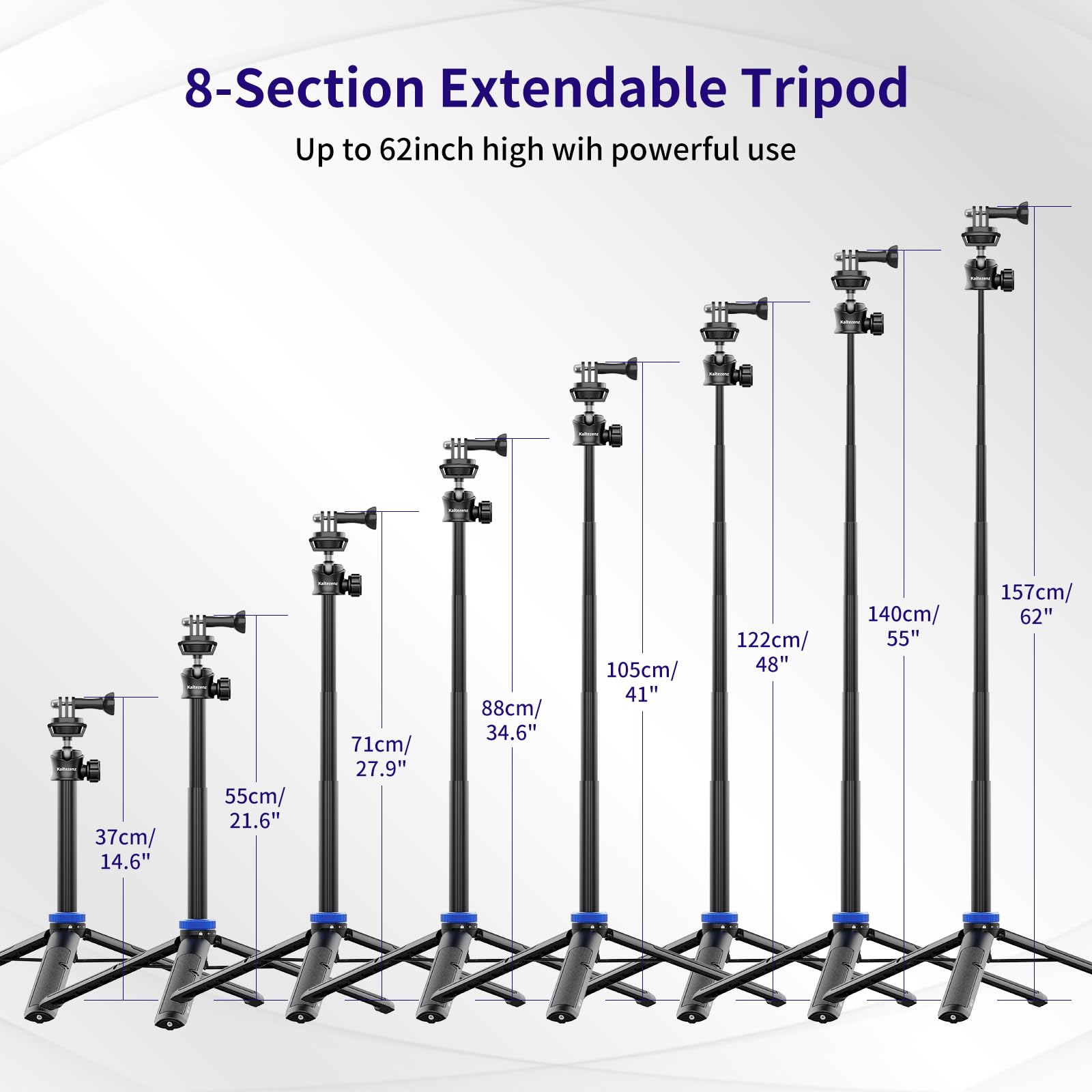 Kaitezenz Selfie Stick Tripod For Gopro Camera, 62" Extendable Tripod Stand With 360° Ball Head 1/4" Screw, Portable Lightweight Camera Tripod For Gopro Max Hero 11 10 9 8 7 6 5 Dji Osmo Action Camera