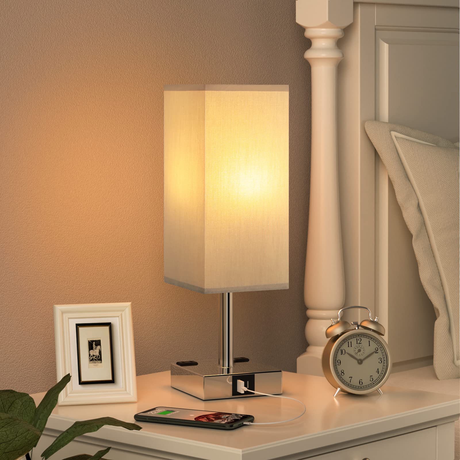 Aooshine Bedside Table Lamp Touch Control, With Usb C+A Charging Ports & Dual Ac Outlets, 3-Way Nightstand Lamp For Bedroom With Lampshade Living Room Office(Led Dimmable Bulb Included)