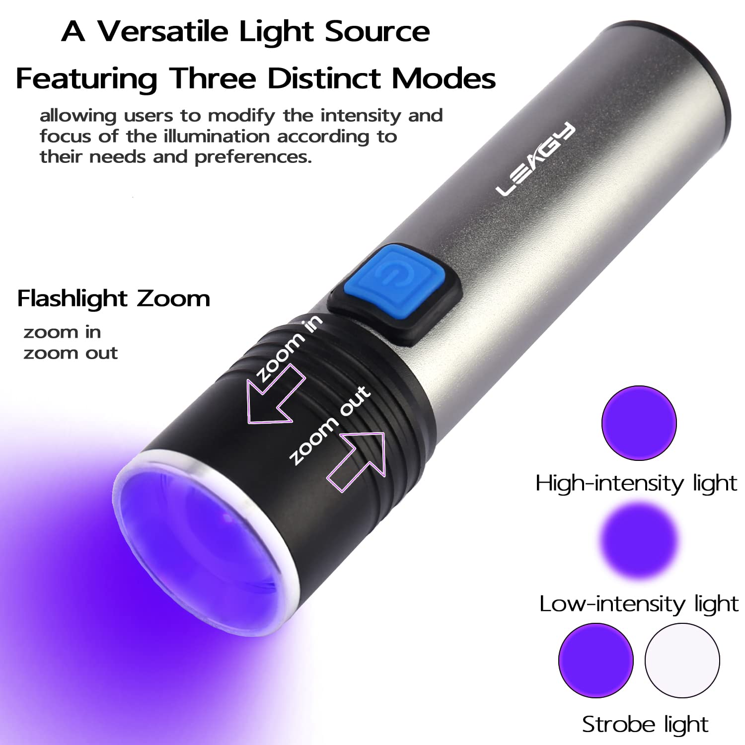 Leagy 2-Pack Rechargeable 395Nm Mini Uv Flashlight With Usb,Zoomable,Adjustable Brightness For Scorpion Hunting, Counterfeit Detection, Uv Glue Curing, Jewelry Appraisa, Nail Art Etc