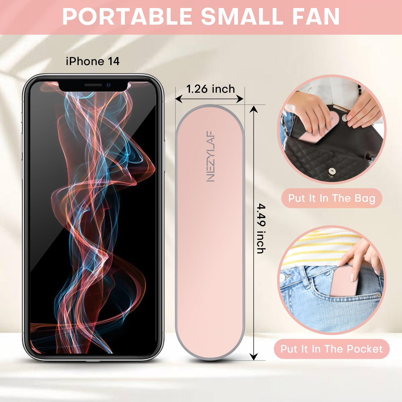 Nezylaf Handheld Mini Fan, 2 Speeds Rechargeable Travel Fan[9-15 Working Hours], Portable Usb Small