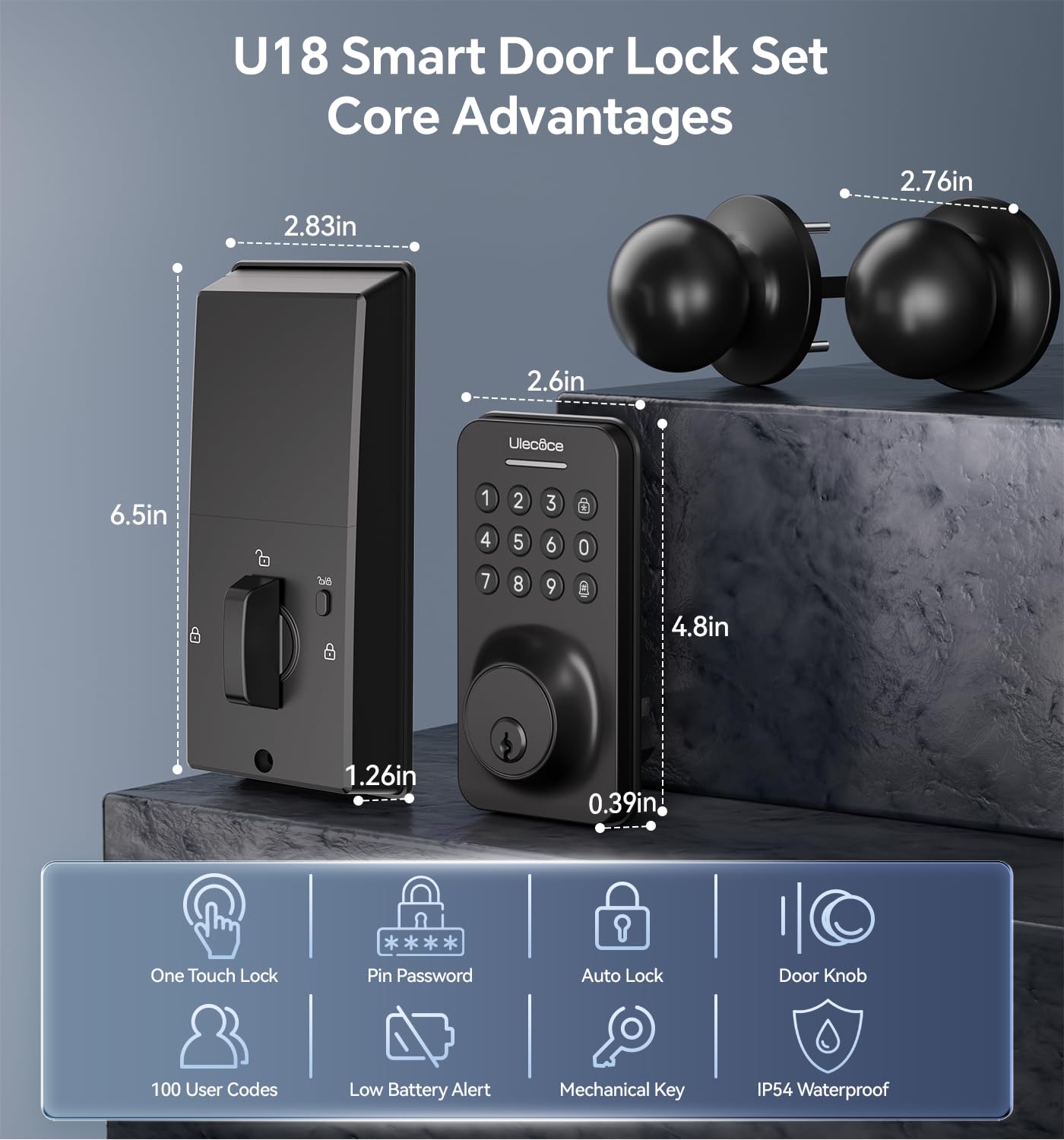 Ulecoce Keyless Entry Door Lock Deadbolt With Handle Set, Door Locks For Front Door, Keypad Door Lock With Handle, Smart Door Knob, Auto Locking, Installation Guide, Black
