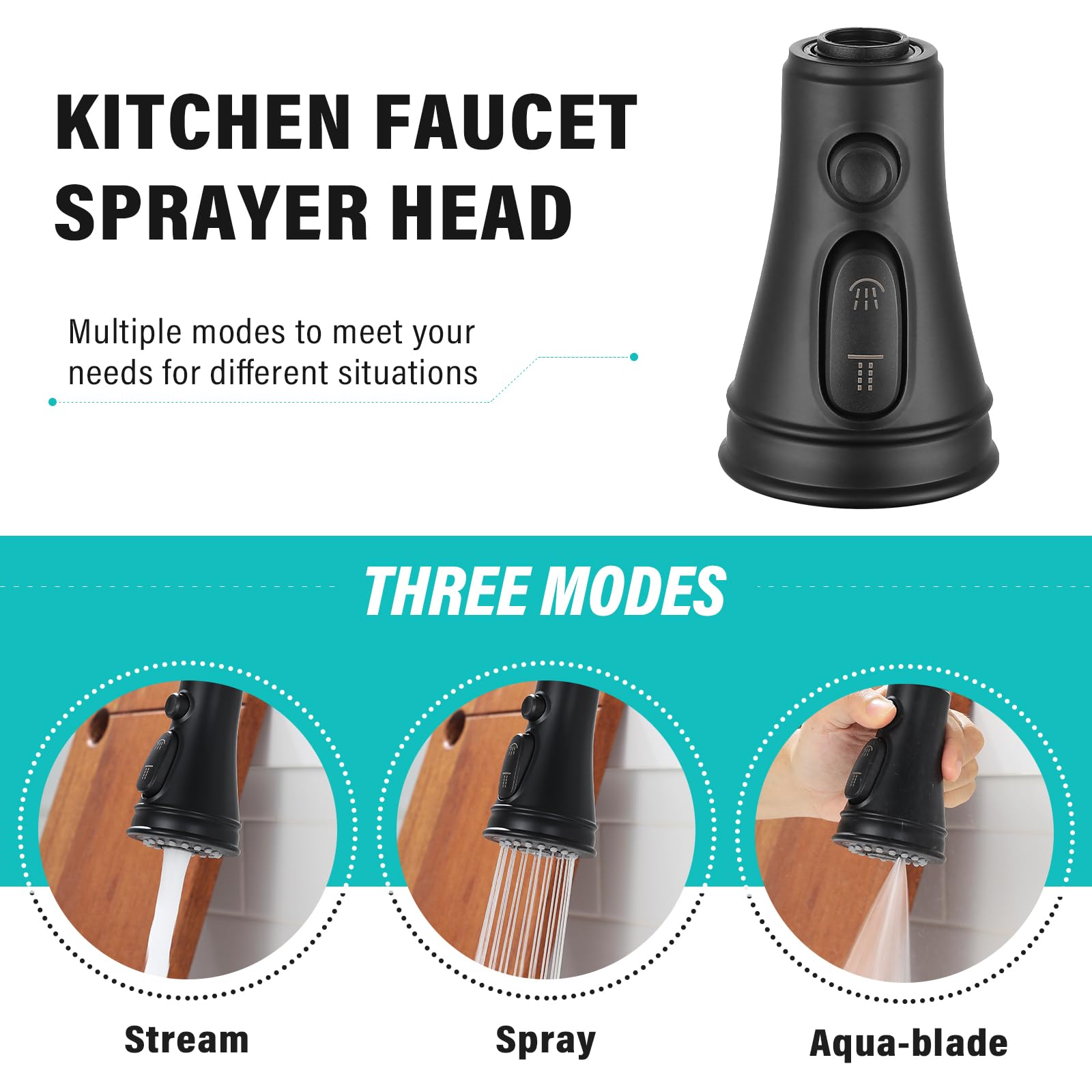 F-Yaslan Kitchen Sink Faucet Replacement Parts, 3-Function Pull Down Faucet Head Attachment, Pull Out Kitchen Faucet Spray Nozzle, Abs Material, Glossy Finish