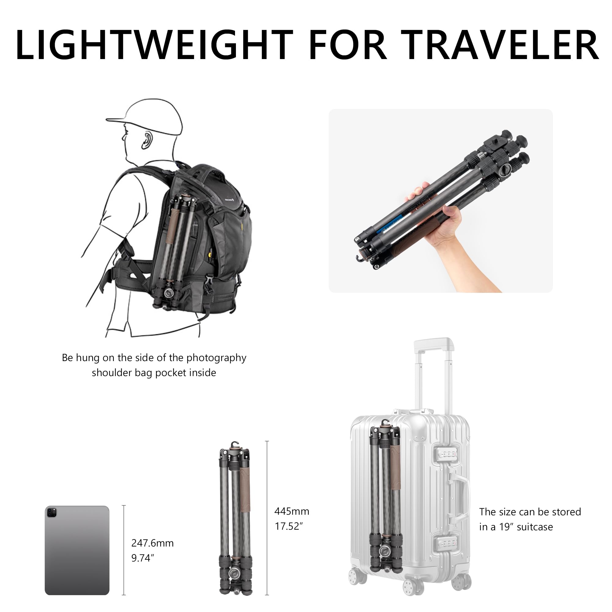 Leofoto Compact Carbon Fiber Travel Camera Tripod With Ball Head, Reverse Folding Design, Maxload 8Kg, Folded Height 450Mm (Lx-254Ct+Xb-32)
