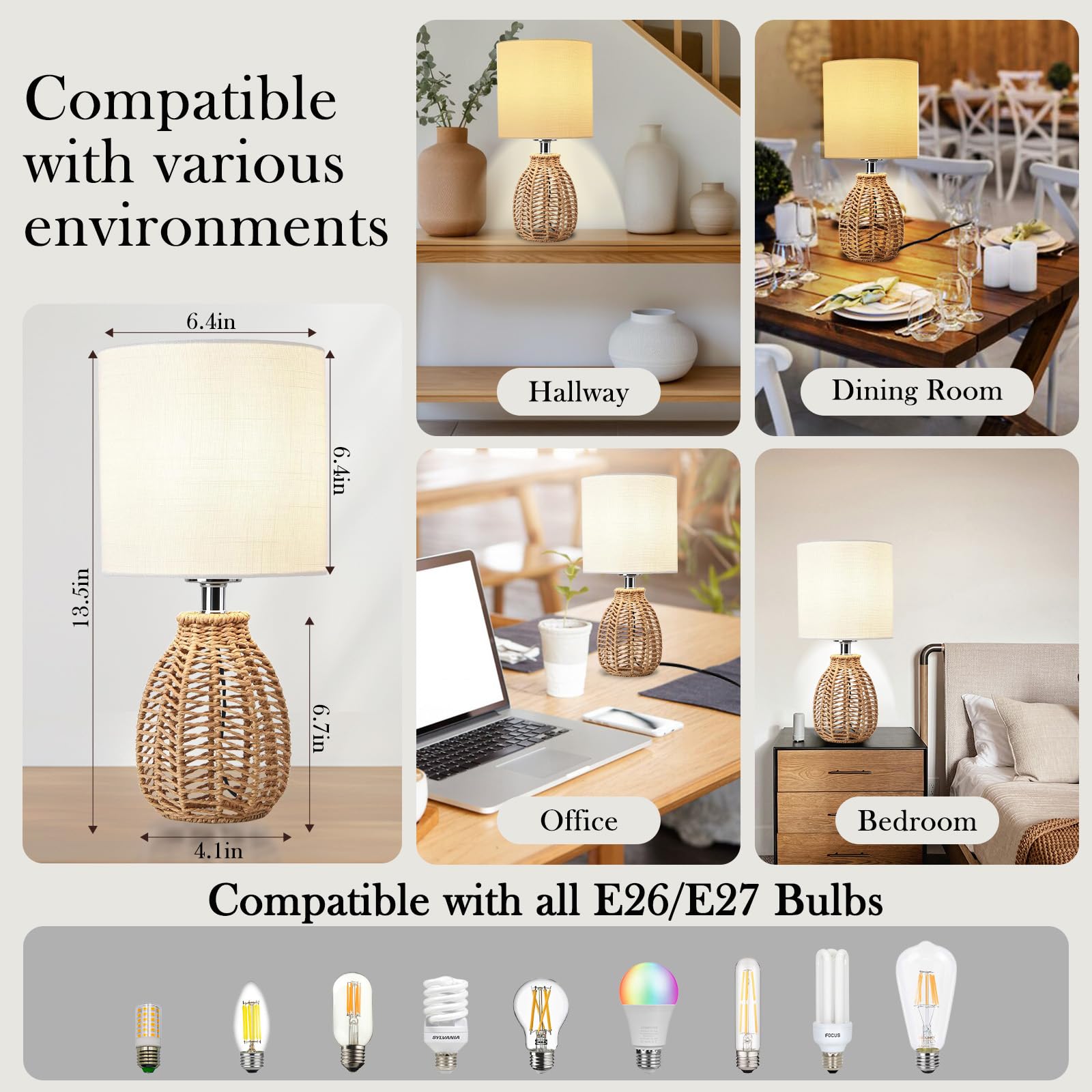 Haiifaz Small Rattan Table Lamp, 3 Color Temperature Boho Bedside Lamp Handmade Woven Wicker Nightstand Lamp Coastal Light With Beige Fabric Shade For Living Room Bedroom Office (Natural)