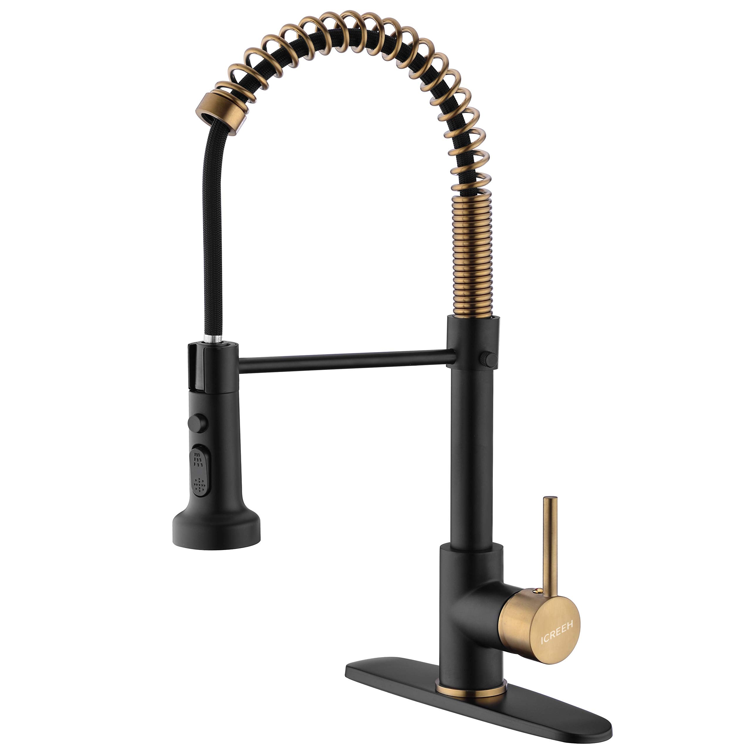 Icreeh Matte Black And Gold Kitchen Faucet,Black And Gold Kitchen Faucet With Pull Down Sprayer Commercial Single Handle Spring For Kitchen Sink,Matte Black & Gold