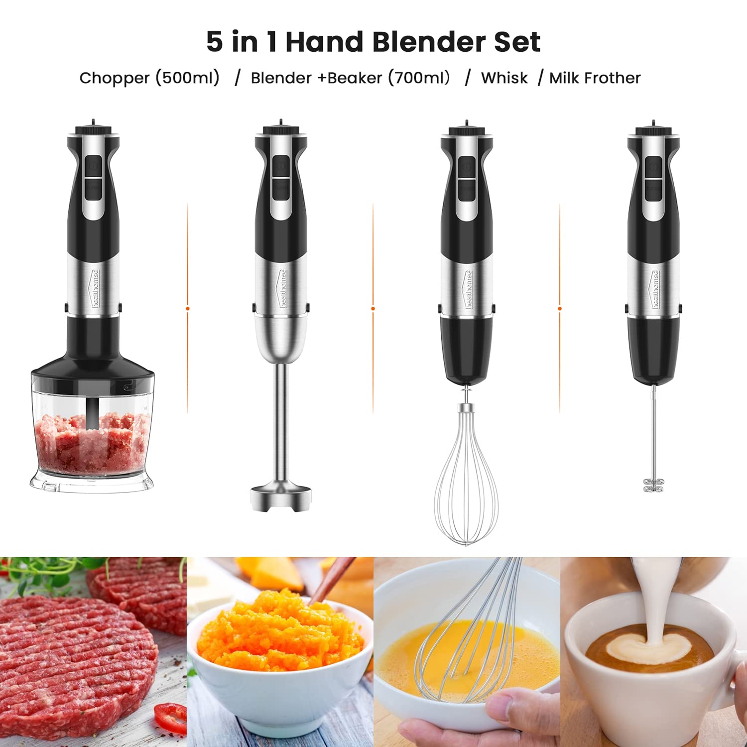 Healthomse 5-In-1 Immersion Blender 800W 12-Speed Stainless Steel Hand Blender With Milk Frother, Egg Whisk, Bpa- 500Ml Chopper And 700Ml Beaker With Lid For Soup, Smoothie, Baby Food