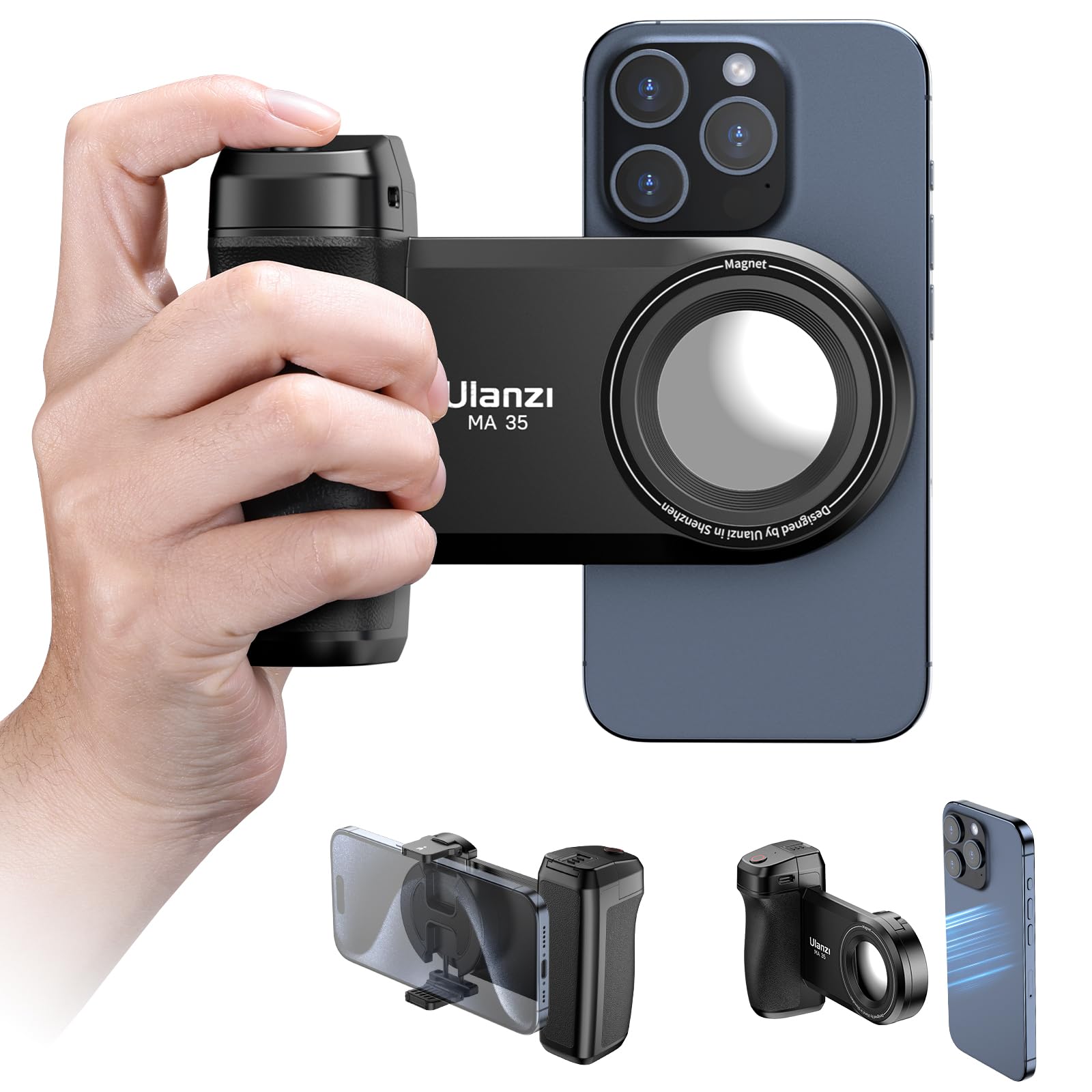 Uurig Ulanzi Ma35 Smartphone Camera Shutter Grip Compatibile With Magsafe For Iphone W Wireless Remote Control Phone Clamp Holder Selfie For 1/4" Tripod Mount Cold Shoe Extension Video Shooting Acccessories
